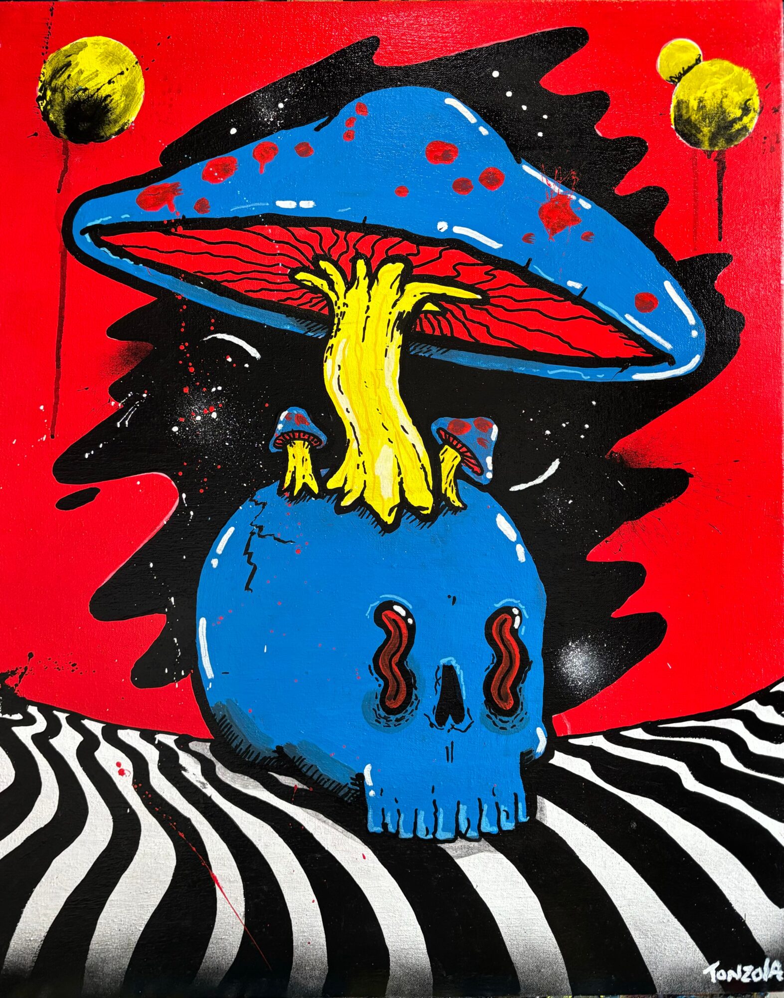 A surreal illustration of a blue skull with a mushroom cap on top, yellow hands, and a red background.