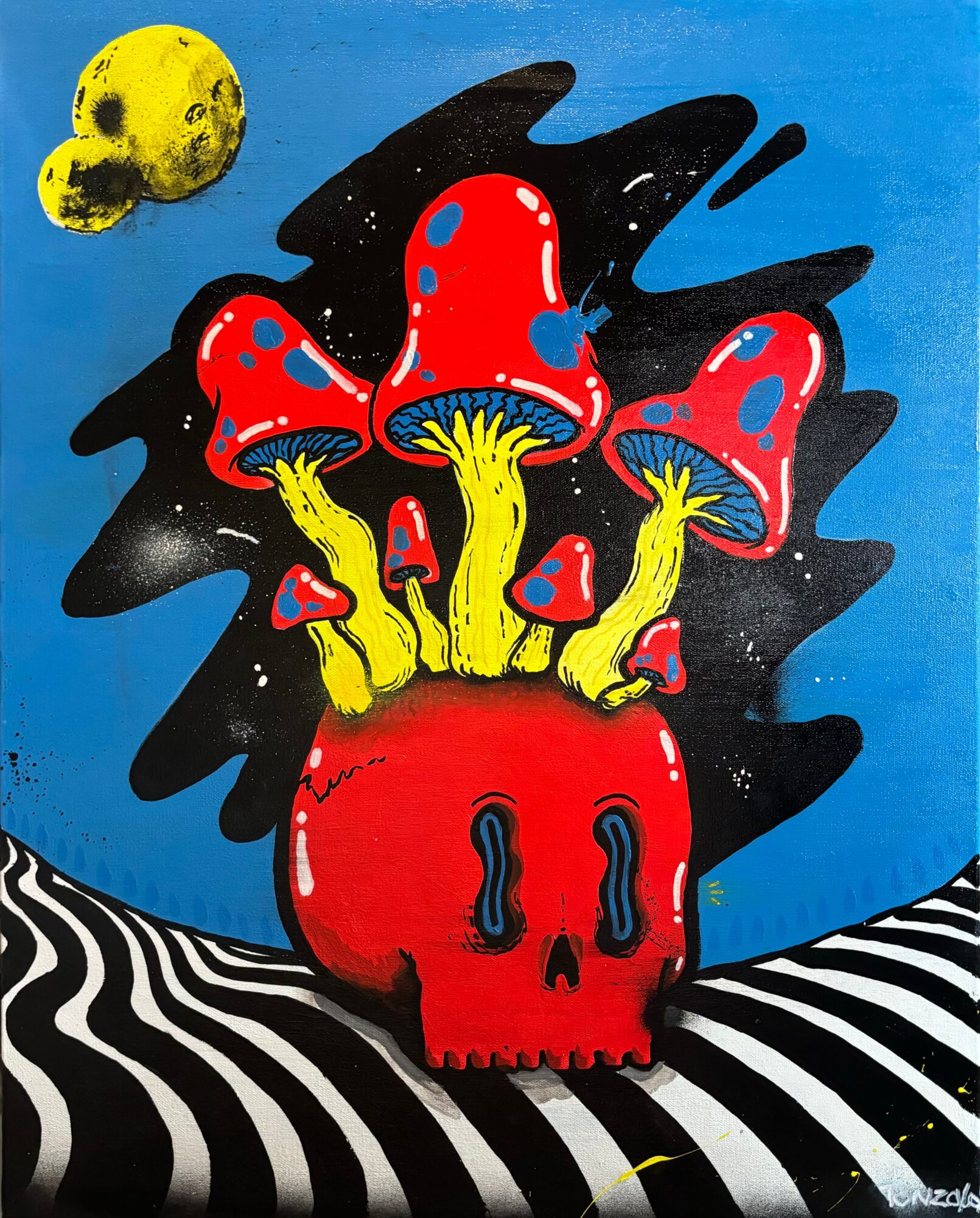 Red skull with mushrooms growing from top, black and white striped ground, blue sky, yellow moon, and black abstract background.