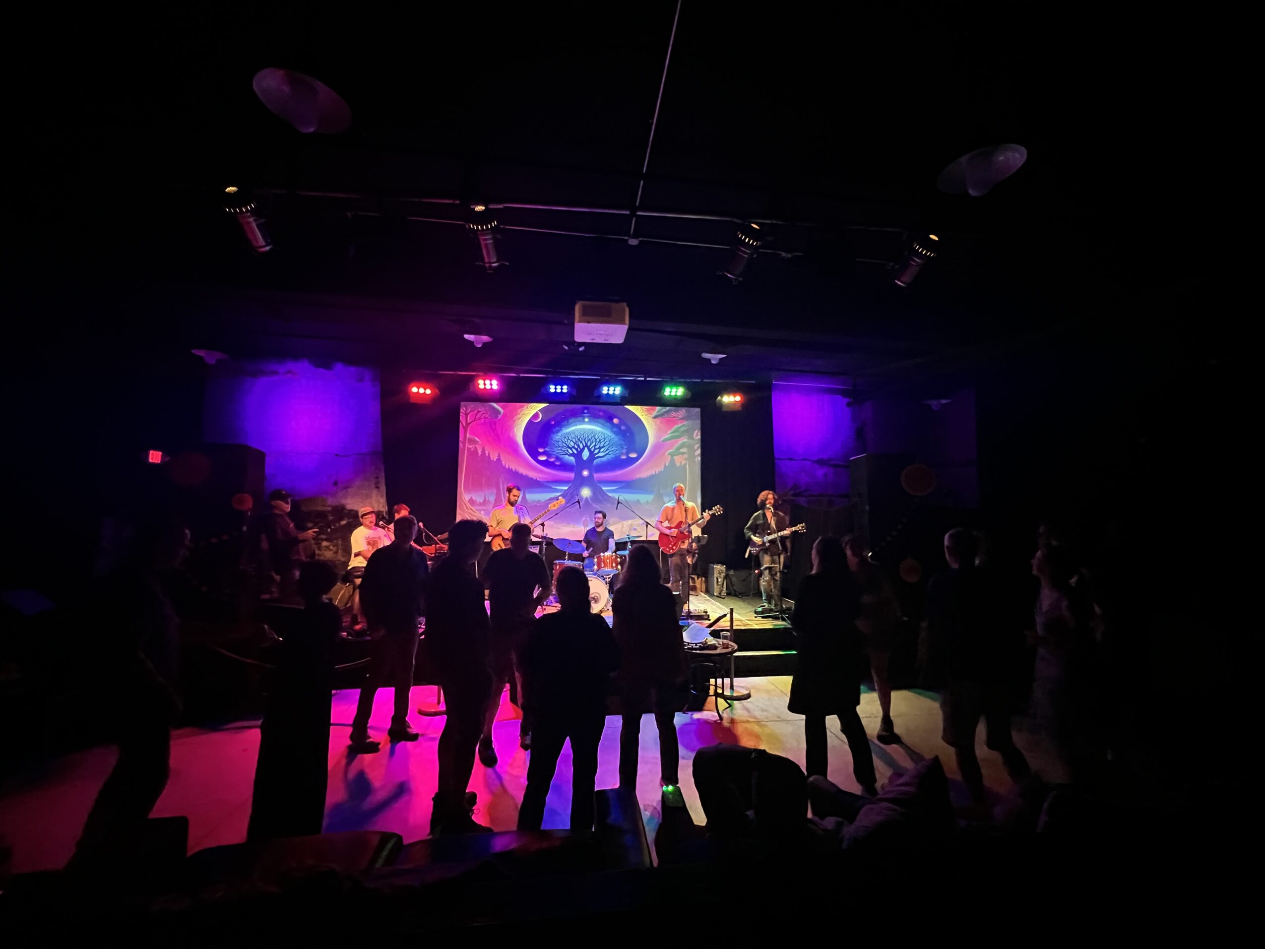 People dancing and watching a band perform on stage with colorful lights and a large screen backdrop.
