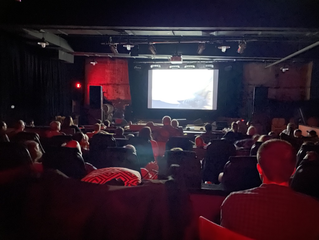Audience watching a movie in a dark theater with a bright screen, some red lighting, and people seated facing forward.