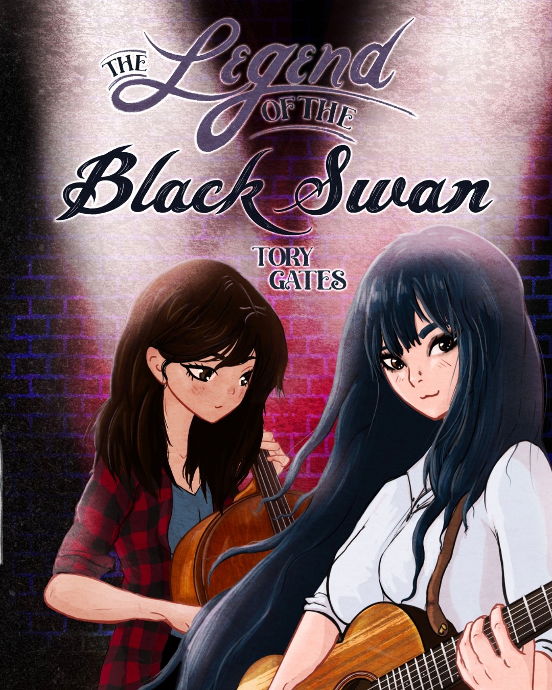 Two animated women with guitars, one with brown hair and red plaid shirt, the other with black hair and white shirt, standing against a brick wall background.