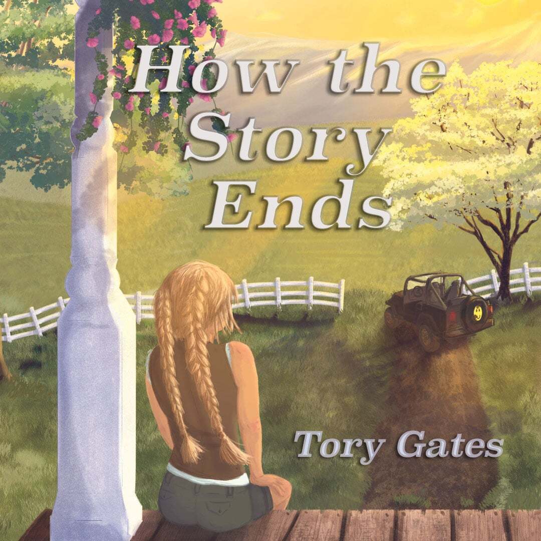 A girl with long braided hair sits on a bench in a park, looking at a tractor and trees, with a sunset sky.