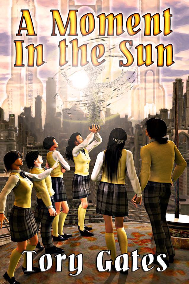 Group of children in school uniforms looking at a bright sun over a city skyline, holding hands and pointing.