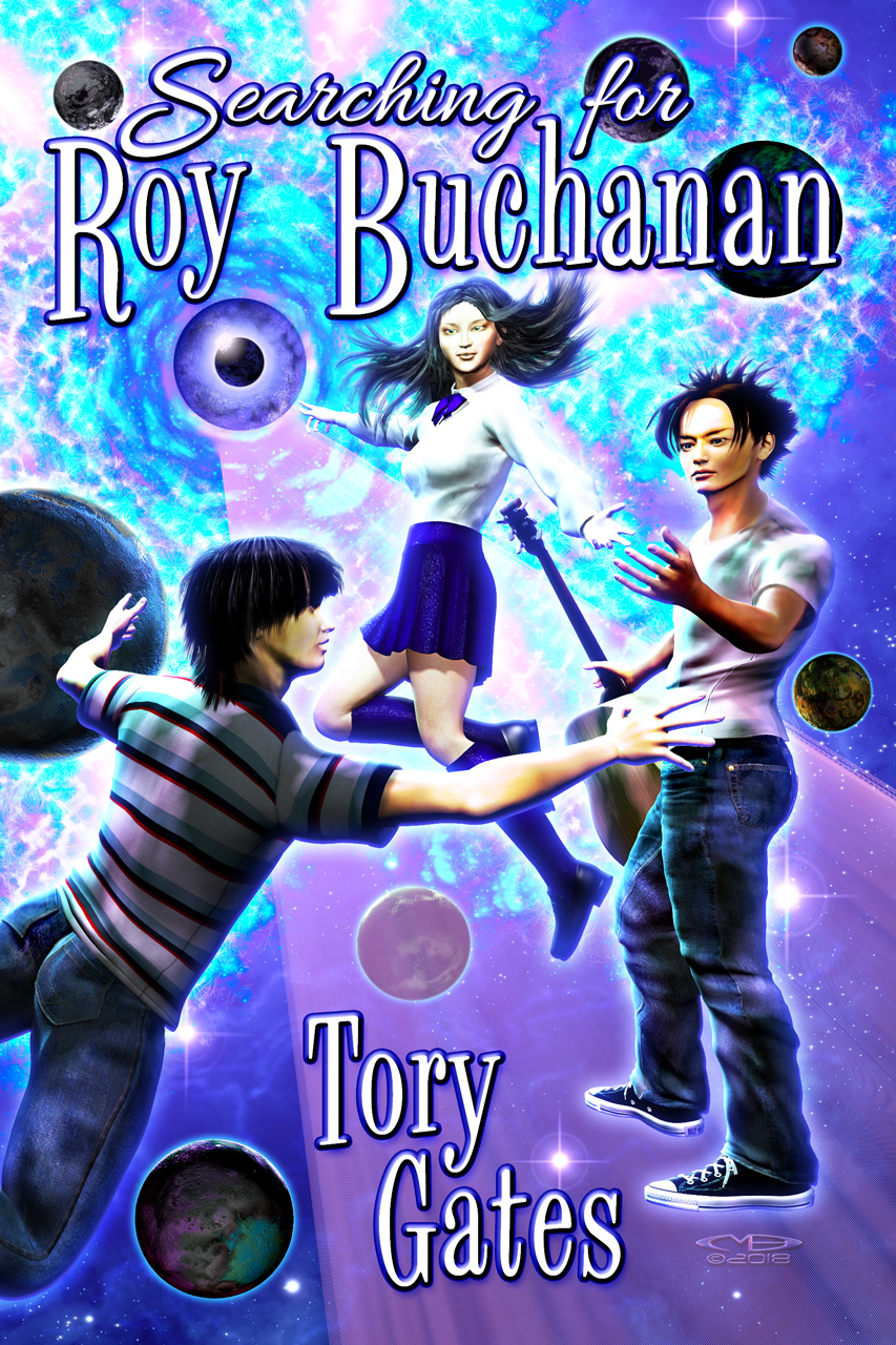 Three young people floating in a cosmic background with planets and stars, with the title and author's name displayed.