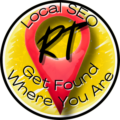 Circular logo with a red map pin, yellow background, and black text: 'Local SEO', 'Get Found Where You Are', and 'RT'.
