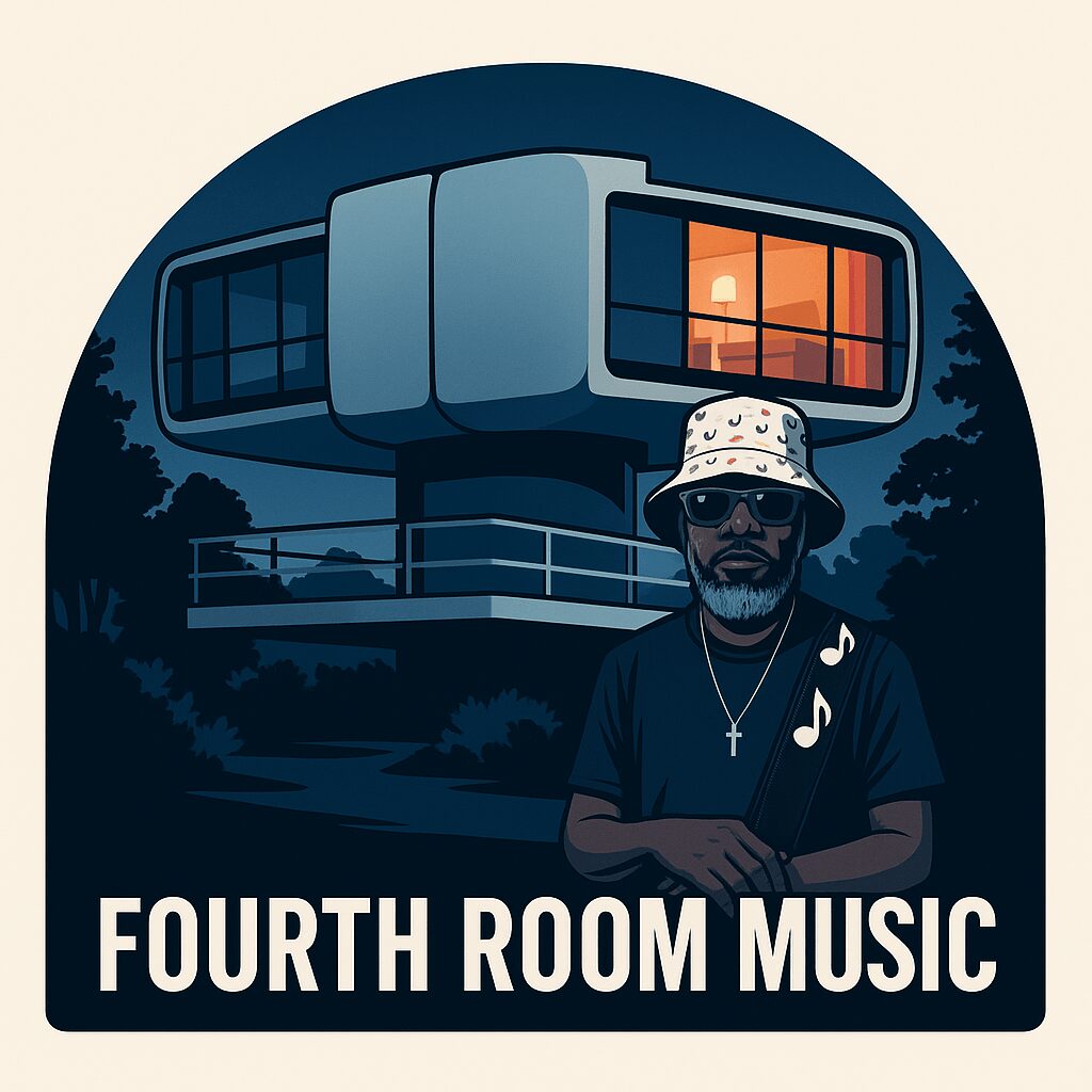 Illustration of a man with sunglasses and a hat standing in front of a modern building at night, with the text 'FOURTH ROOM MUSIC'.