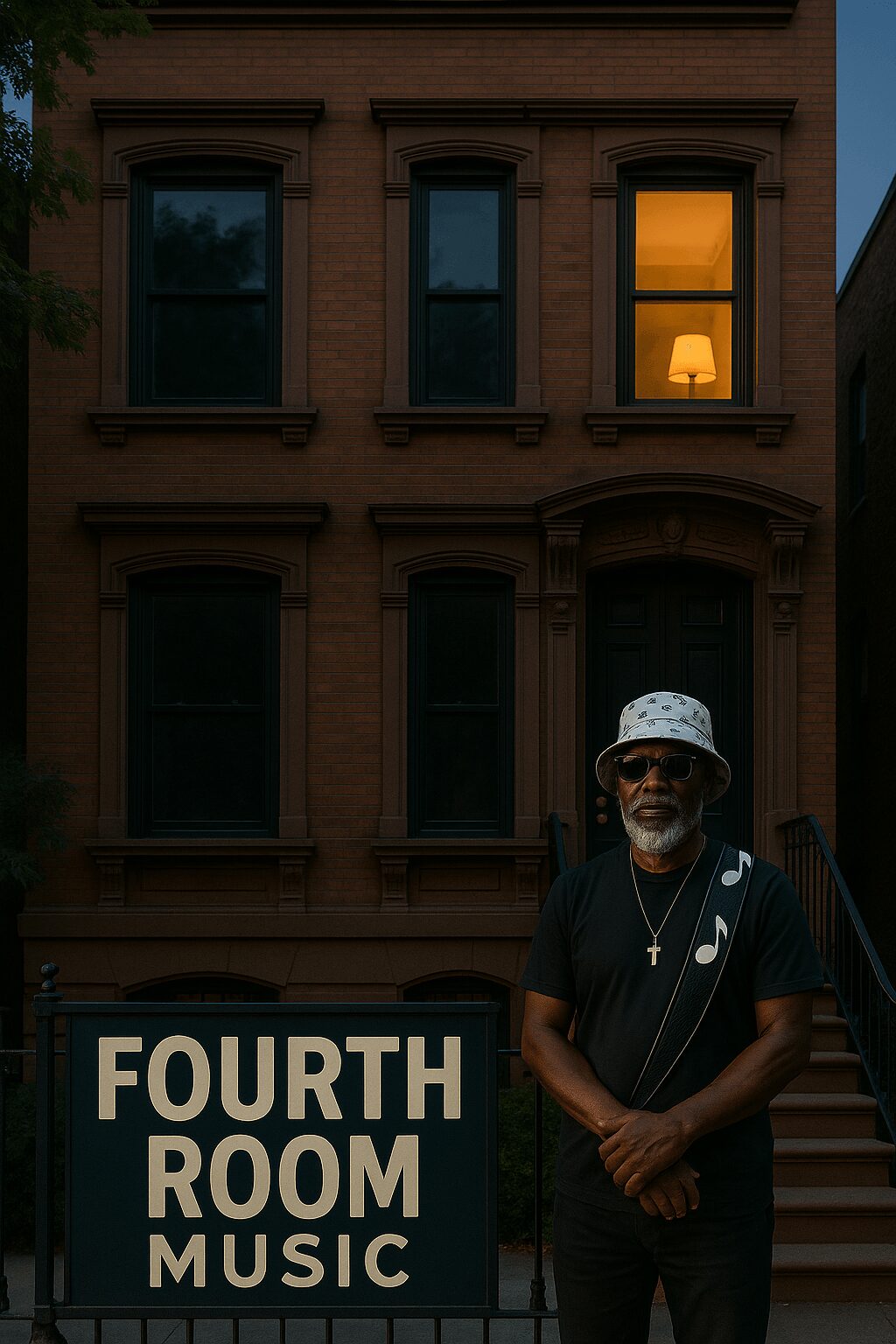 Man with a hat and glasses standing outside a brick building at night, illuminated window with a lamp, music sign, and street sign reading 'FOURTH ROOM MUSIC'.