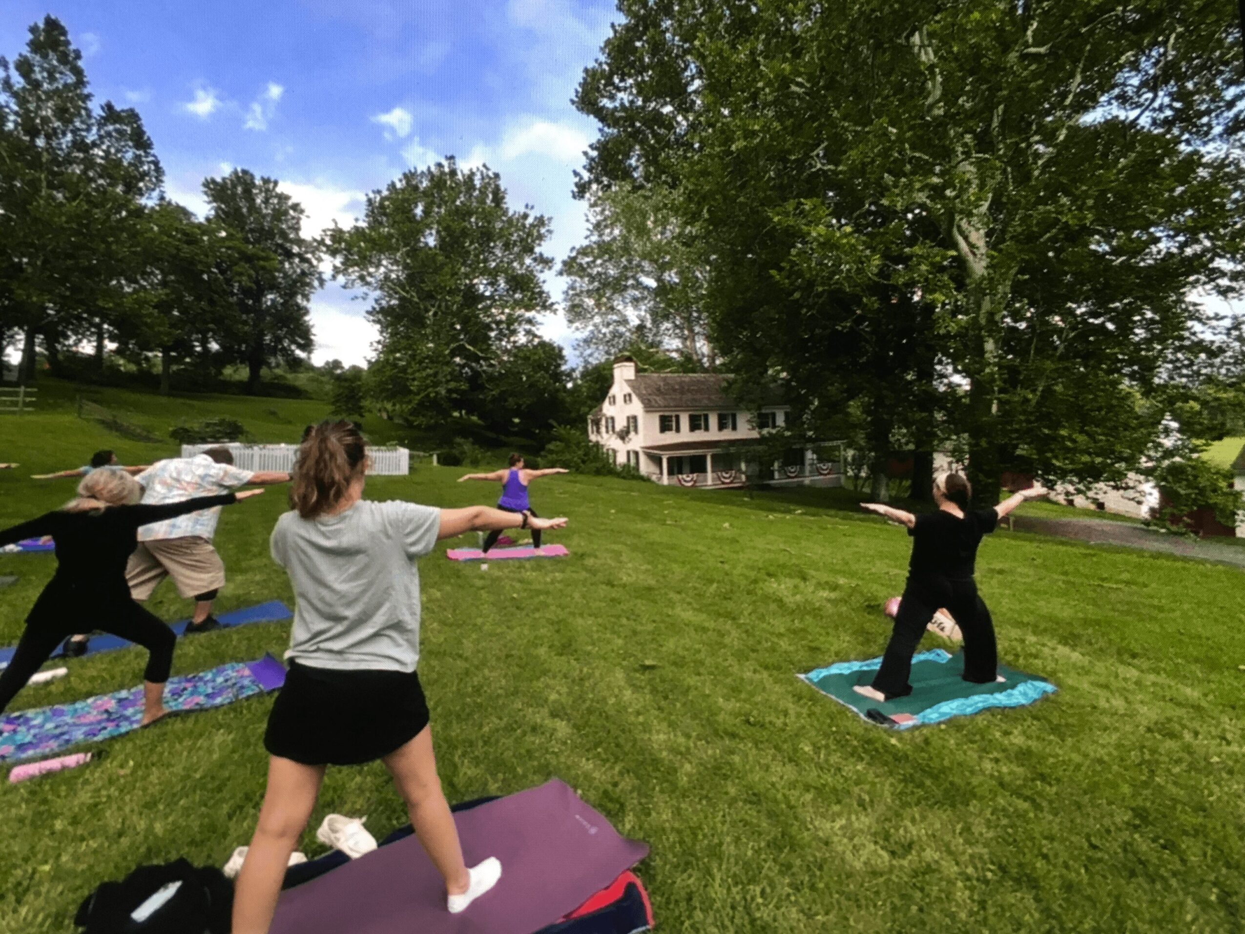 Group of people practicing yoga outdoors on mats in a grassy area with trees and houses in the background.