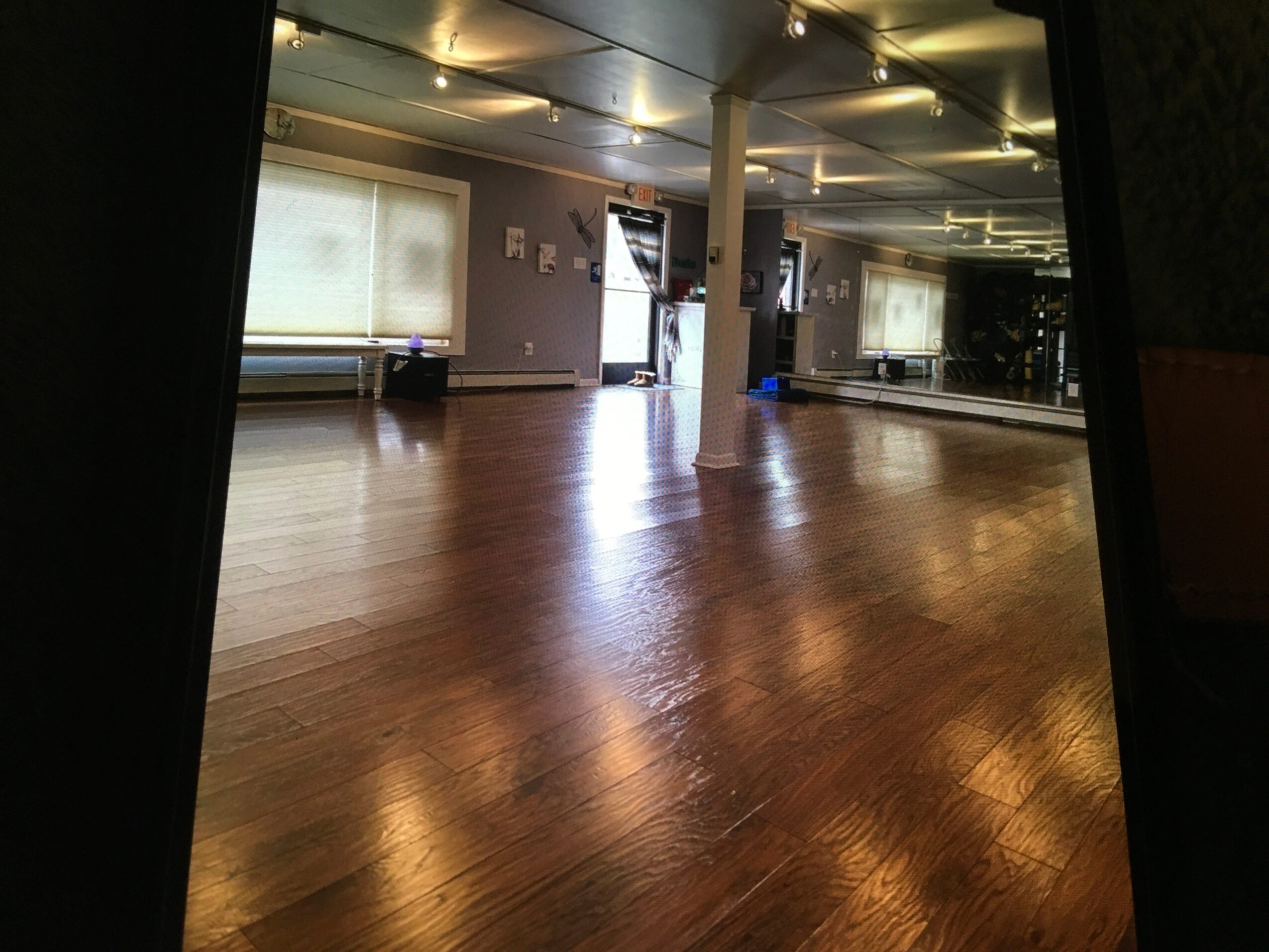 Empty dance studio with wooden floor, large windows, and ceiling lights, reflecting on the polished floor.