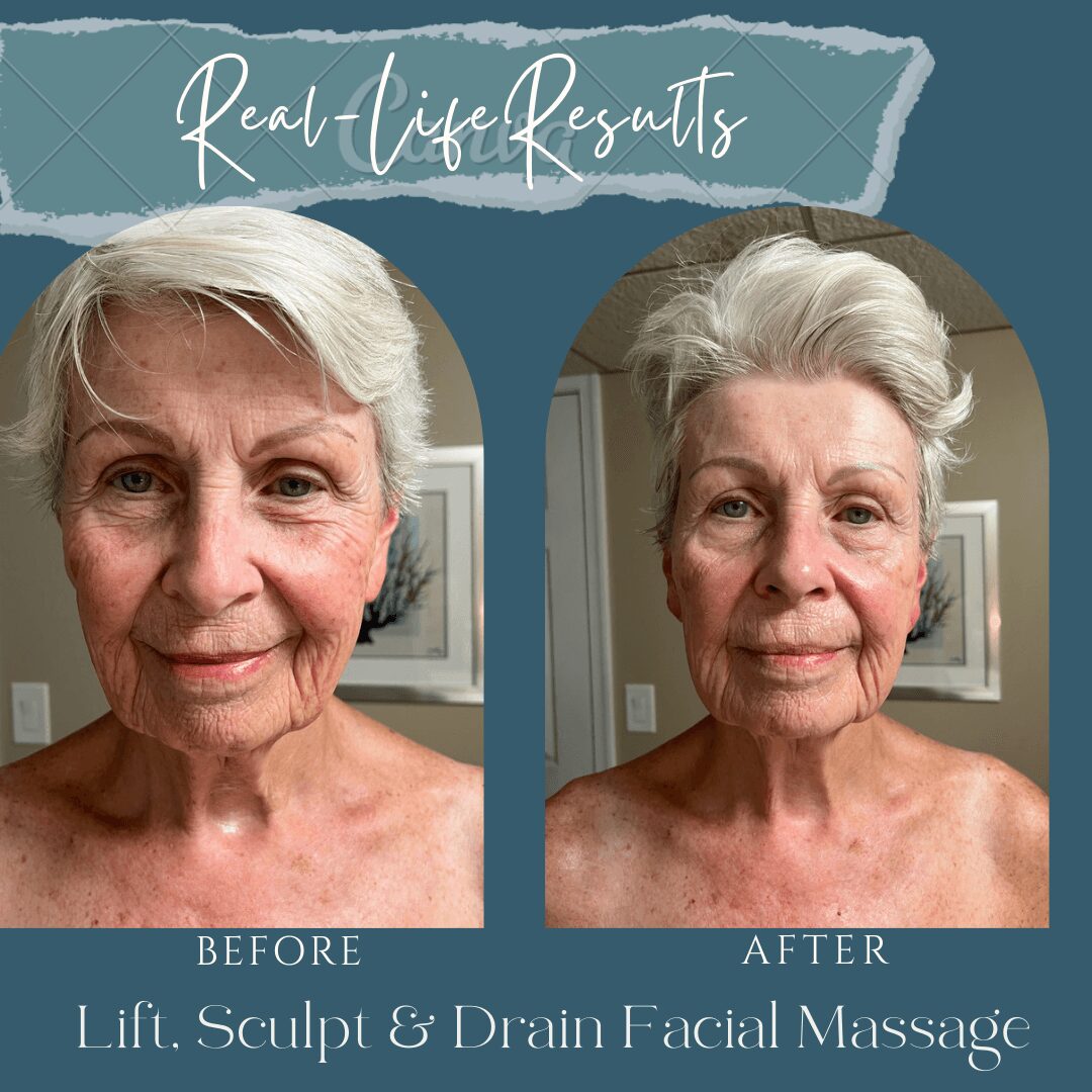Side-by-side images of an elderly woman before and after facial massage, showing improved skin appearance, with text 'Real-life Results' and 'Lift, Sculpt & Drain Facial Massage'.