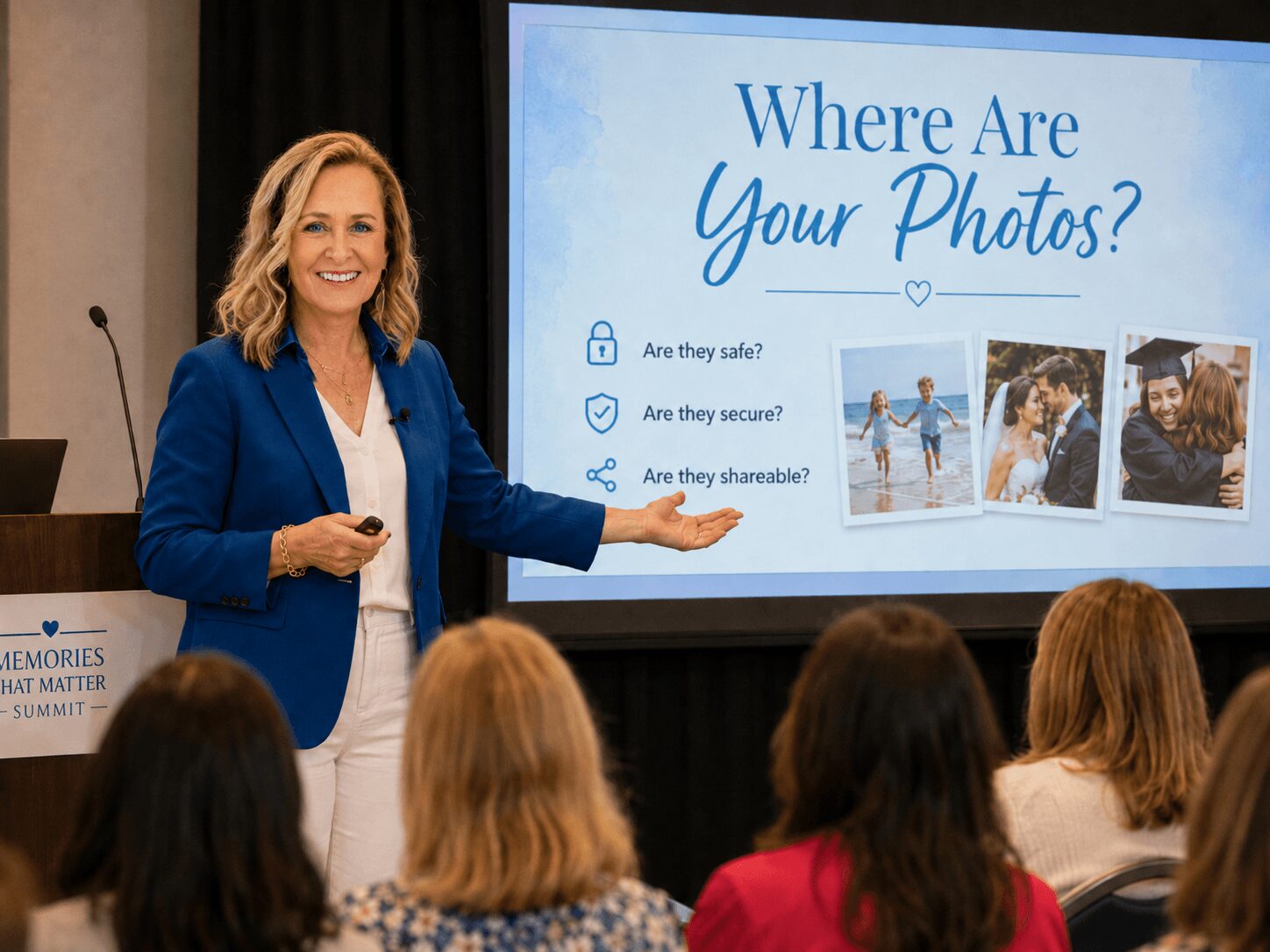 Woman in blue blazer presenting a slide titled 'Where Are Your Photos?' to an audience.