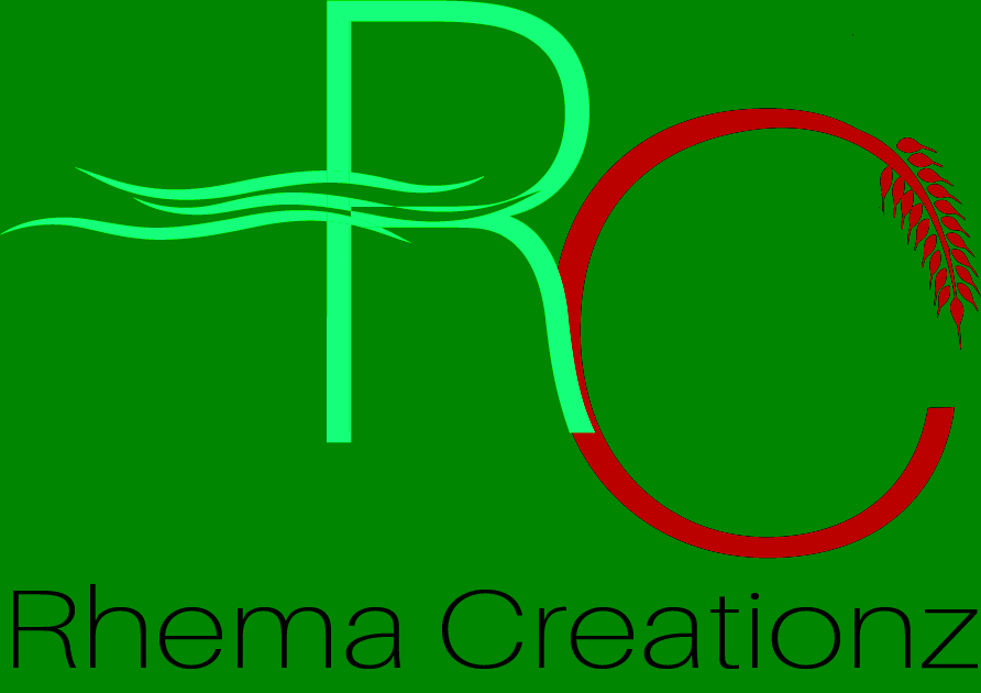 Logo with blue and gold elements and the text 'Rhema Creationz' below.
