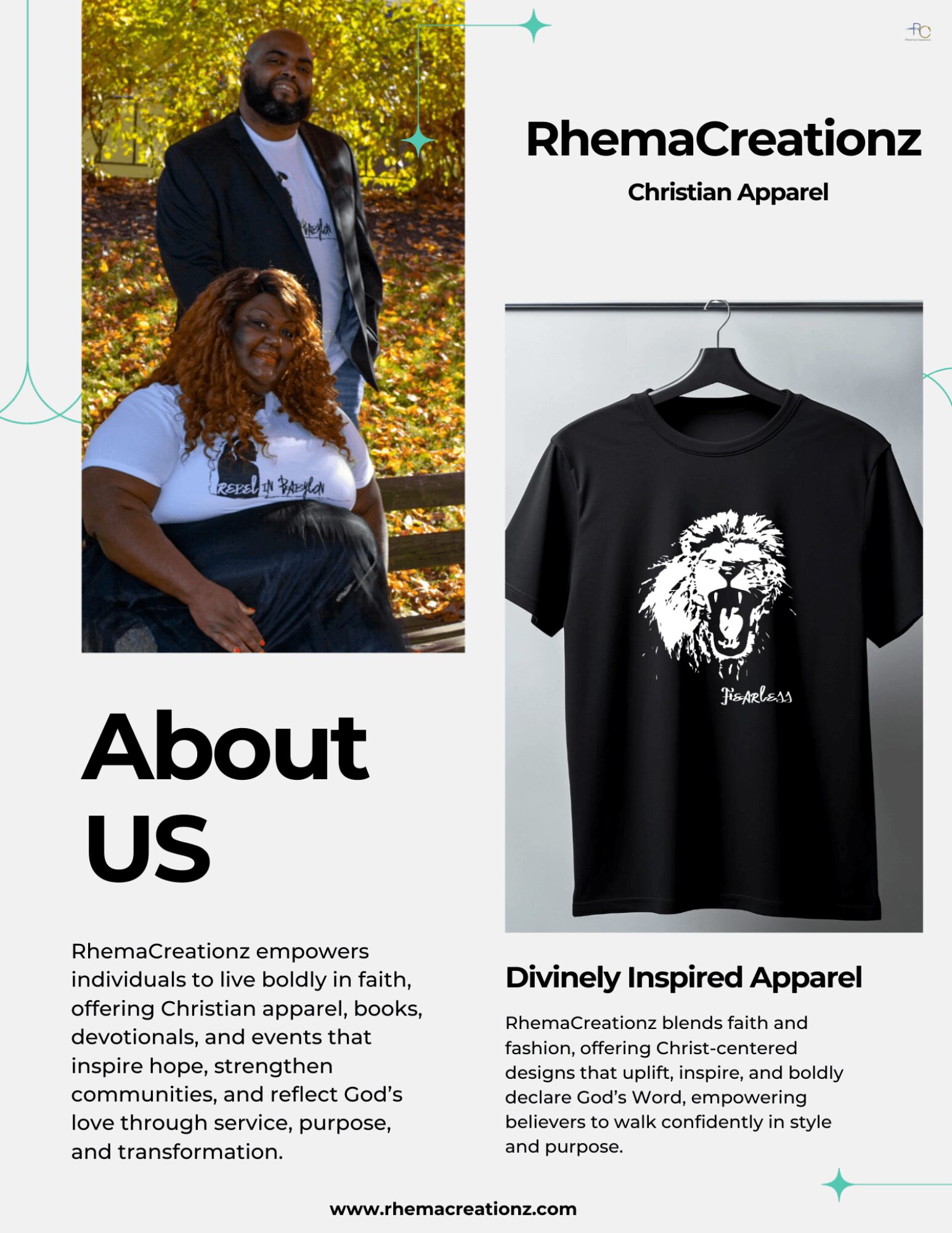Two people outdoors, one sitting and one standing, with trees in the background; a black T-shirt with a lion graphic displayed on a hanger; text about RhemaCreation and Christian apparel.