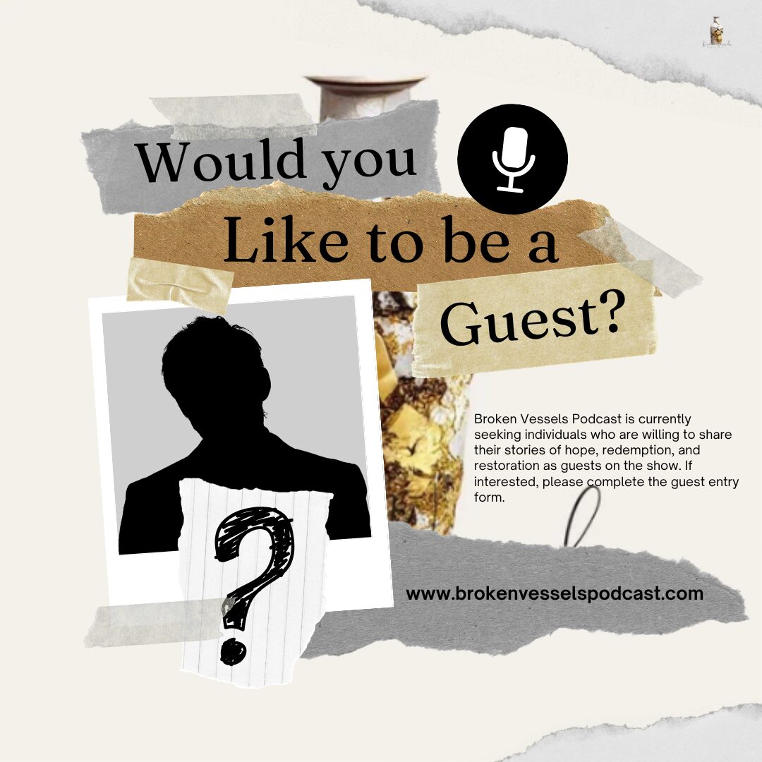 Invitation to be a podcast guest with a silhouette and question mark, featuring torn paper design and podcast info.