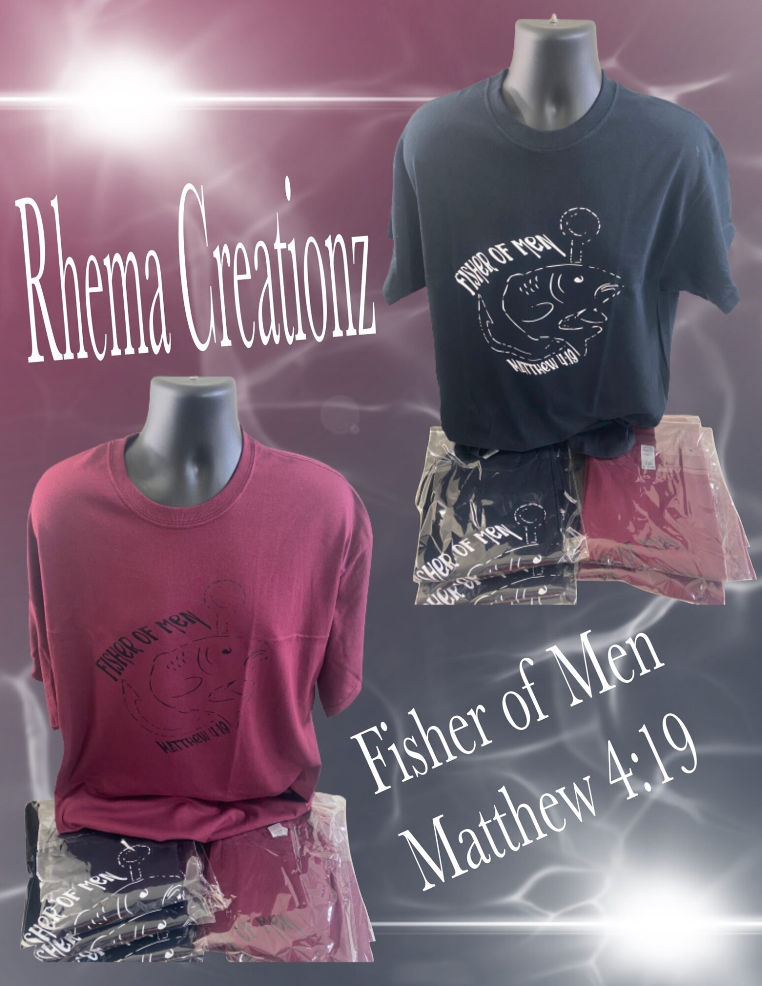 Two mannequins display t-shirts with text and graphics, one in pink and one in dark color, with folded clothing below. 20 words.