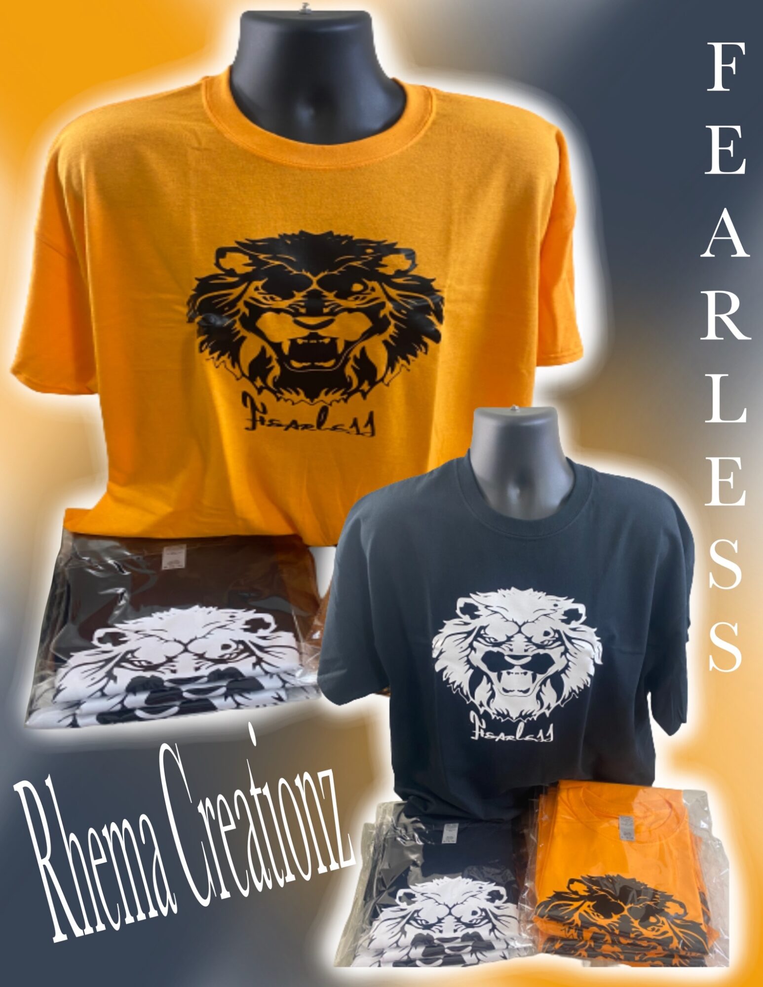 Two t-shirts with lion designs, one yellow and one dark, displayed on mannequins with fabric samples below. Text on the right reads 'FEARLESS'.