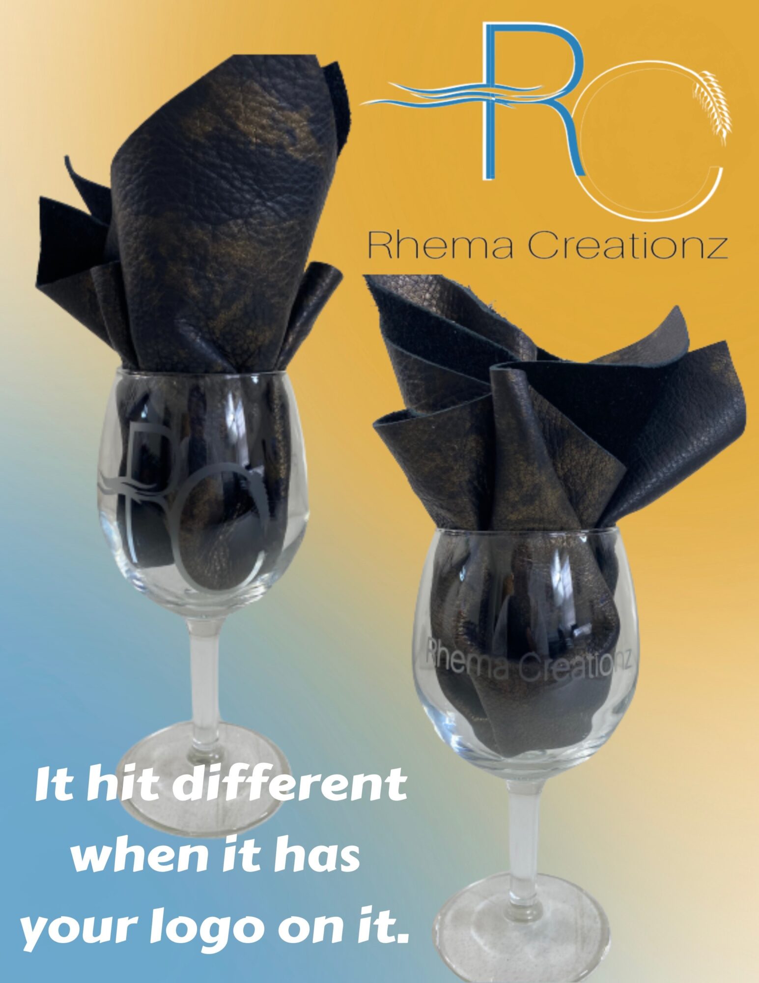 Two glasses with black objects inside, background with yellow and blue gradient, text overlay, logo and slogan present.