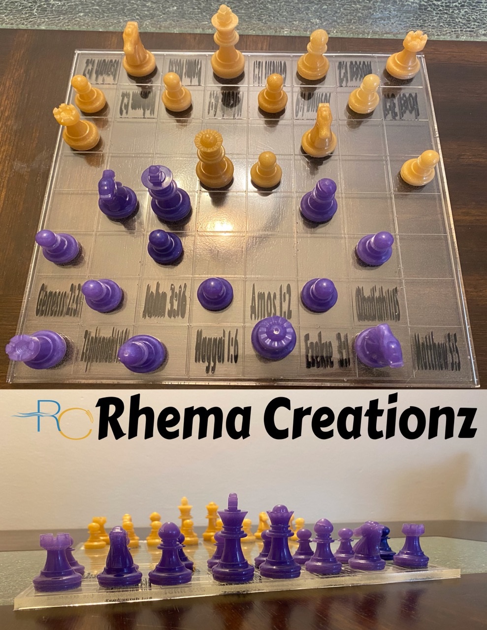 Chess set with yellow and purple pieces on a glass board, with a sign reading 'Rhema Creationz' below.