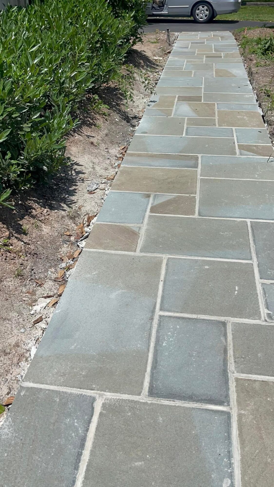 Stone pathway with rectangular tiles runs alongside a green bush and grass, extending into the distance.