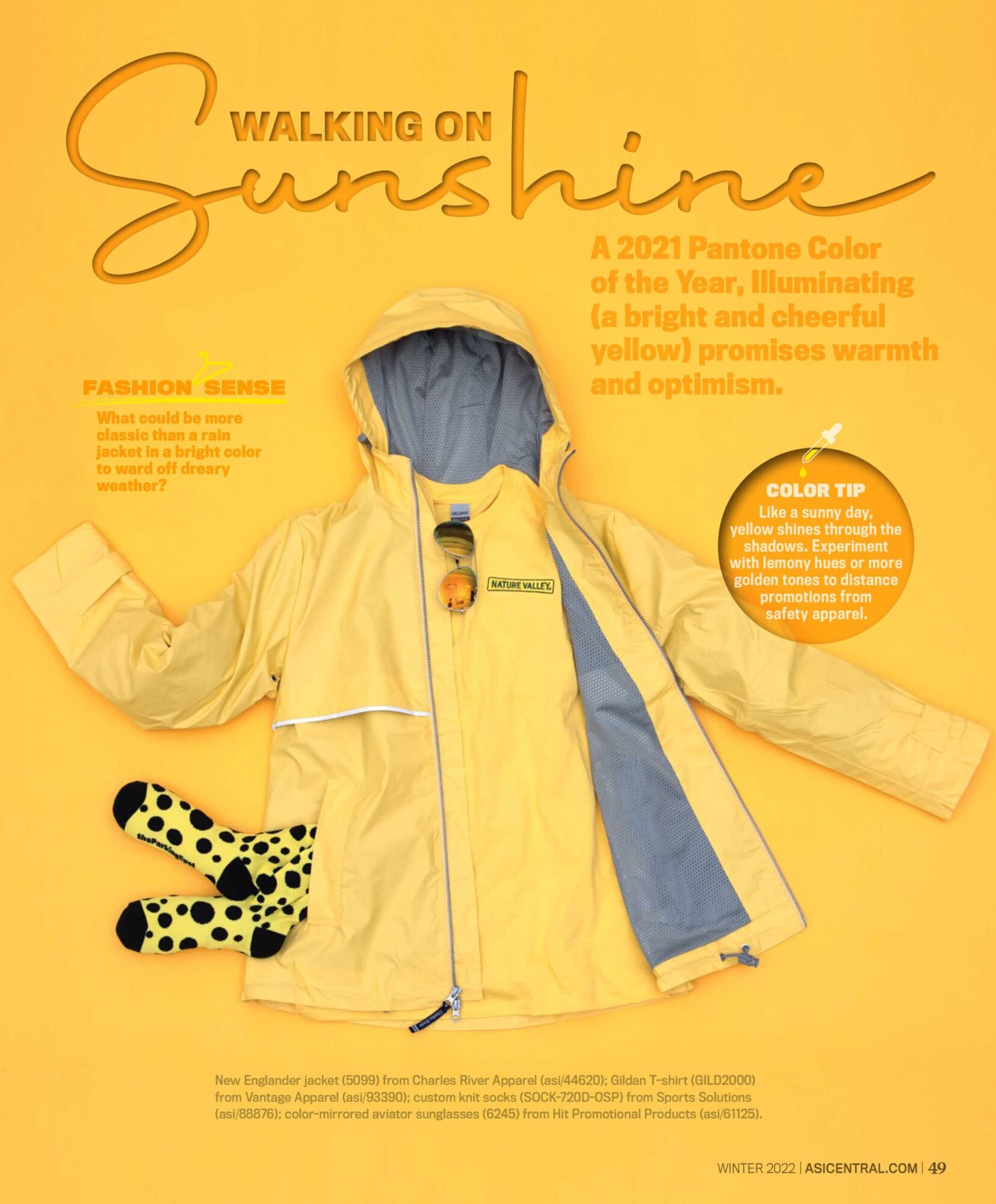 Yellow raincoat with blue lining, yellow gloves, and black and yellow polka dot socks on a yellow background, with text about sunshine and color.