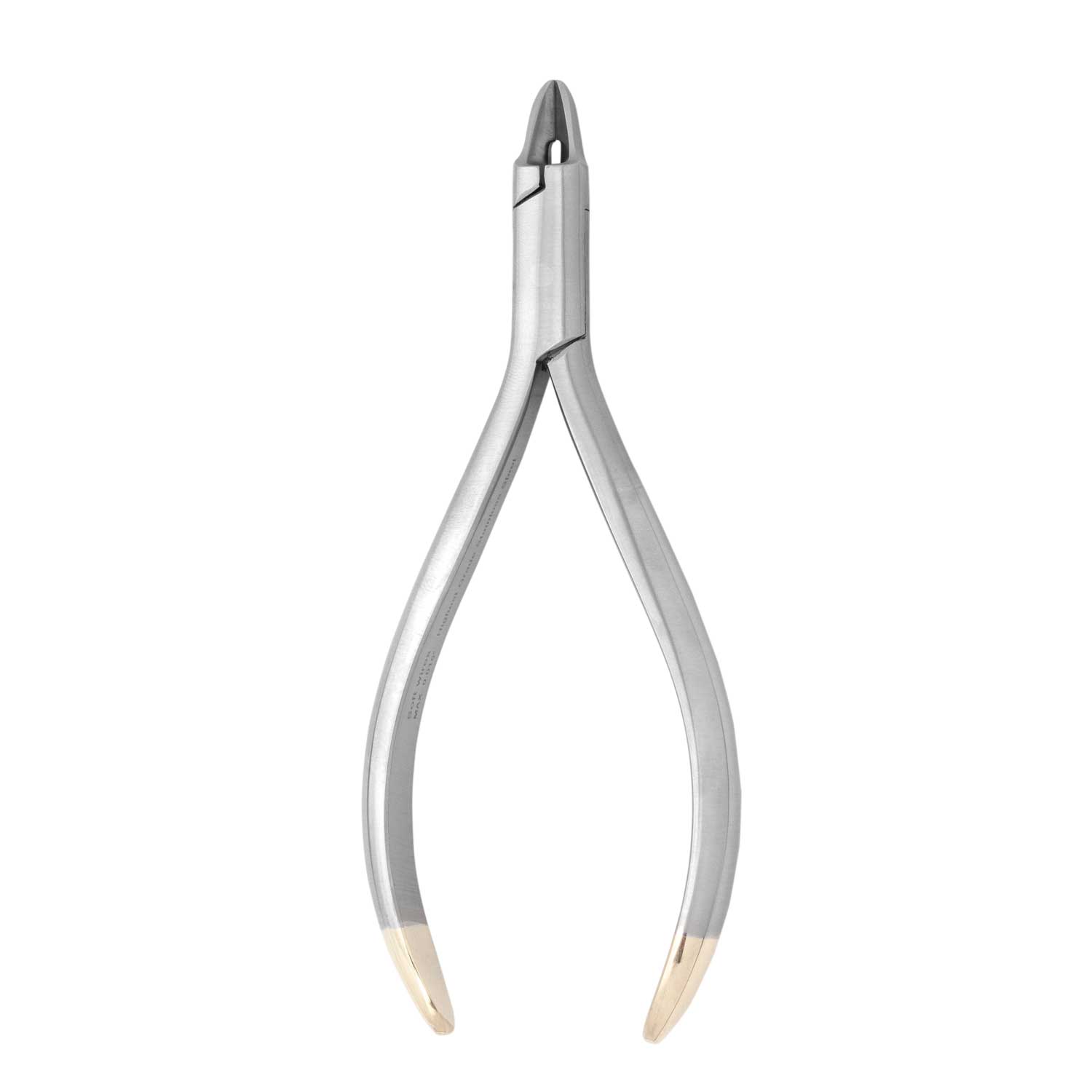 Metal cuticle nippers with beige tips and curved handles, used for nail grooming.