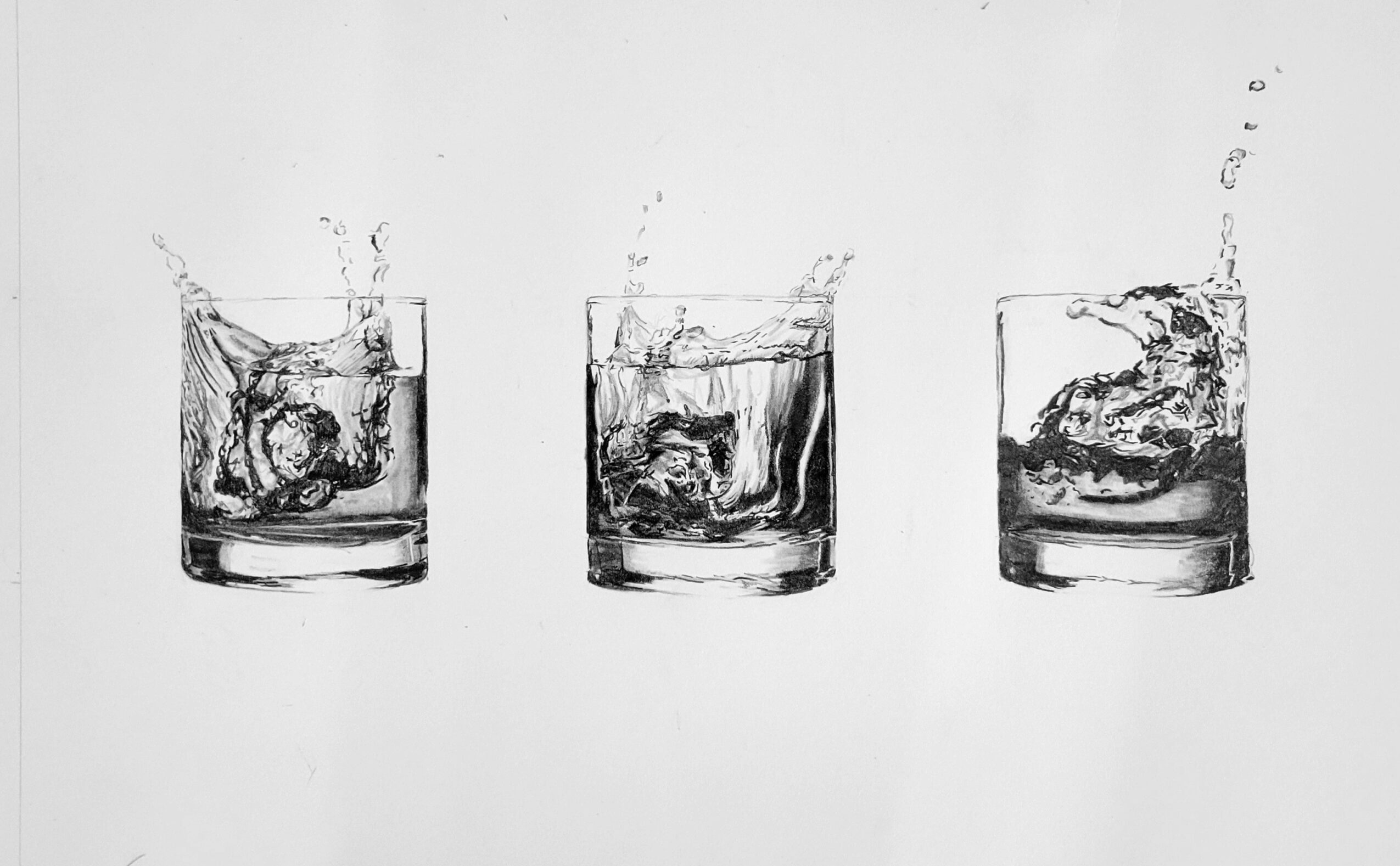 Three glasses of water with splashes and bubbles, arranged in a row on a plain background.