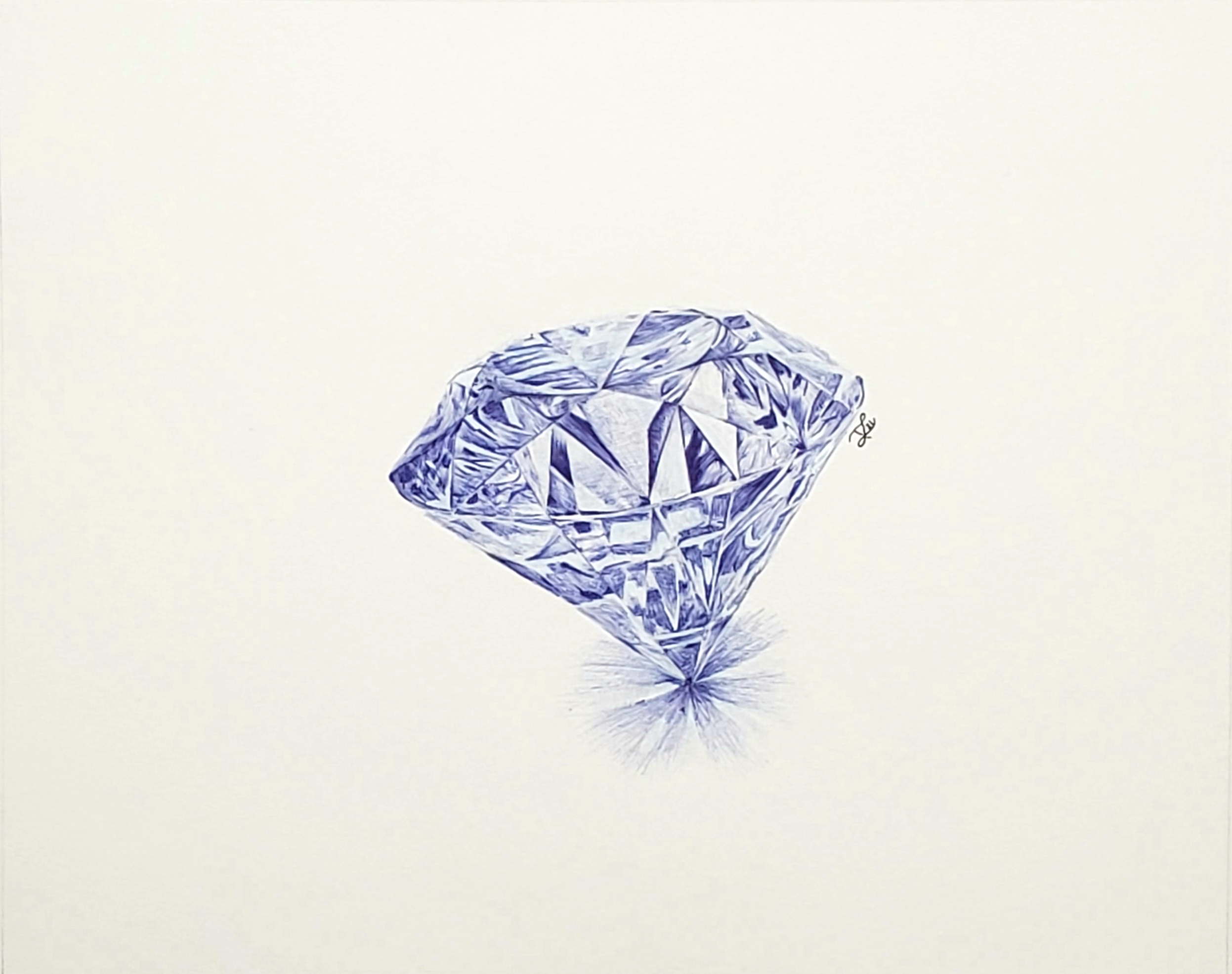 A detailed drawing of a large, faceted diamond on a plain background.