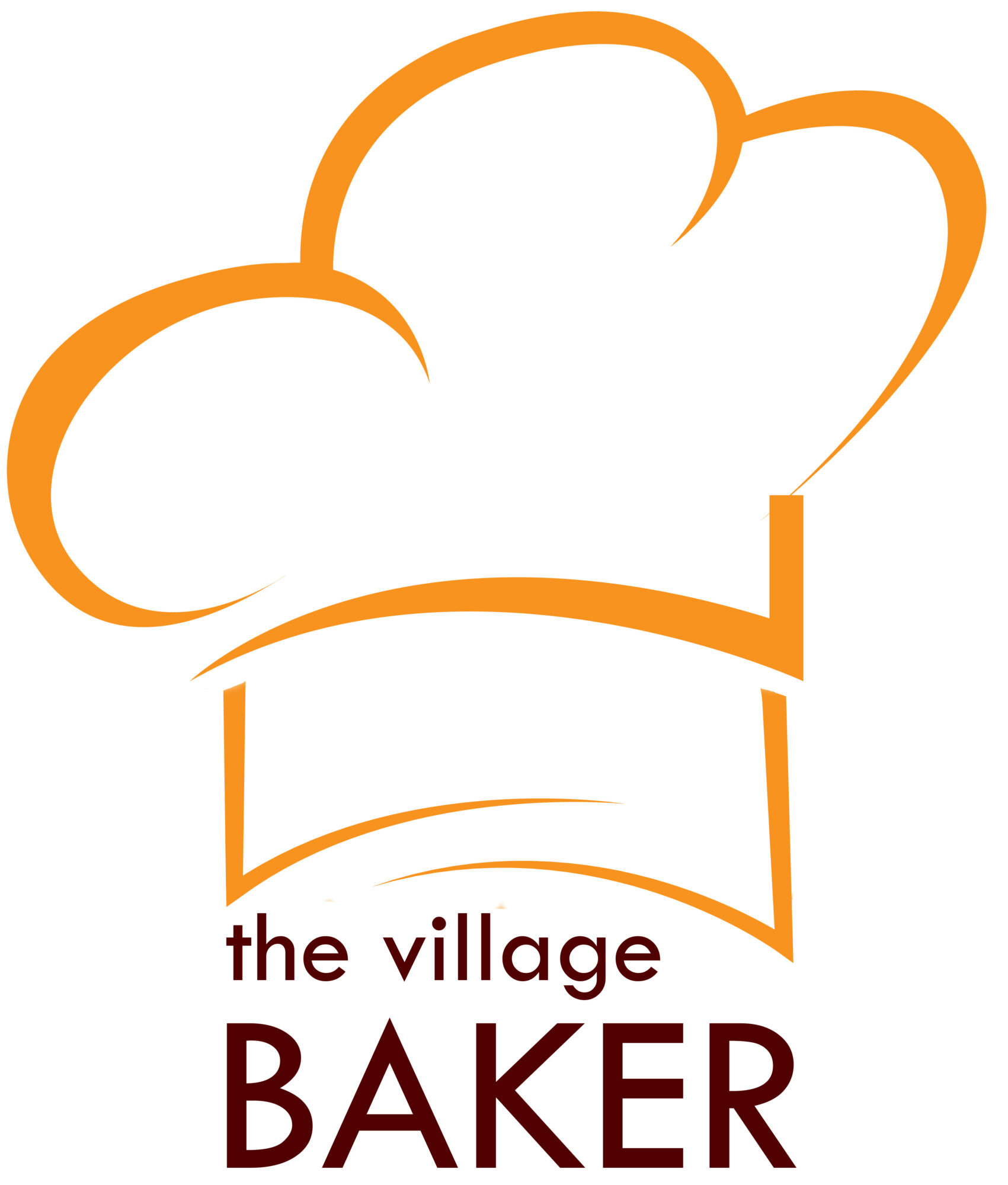 Logo with an orange chef's hat above a stylized chef's apron, and text reading 'the village BAKER'.