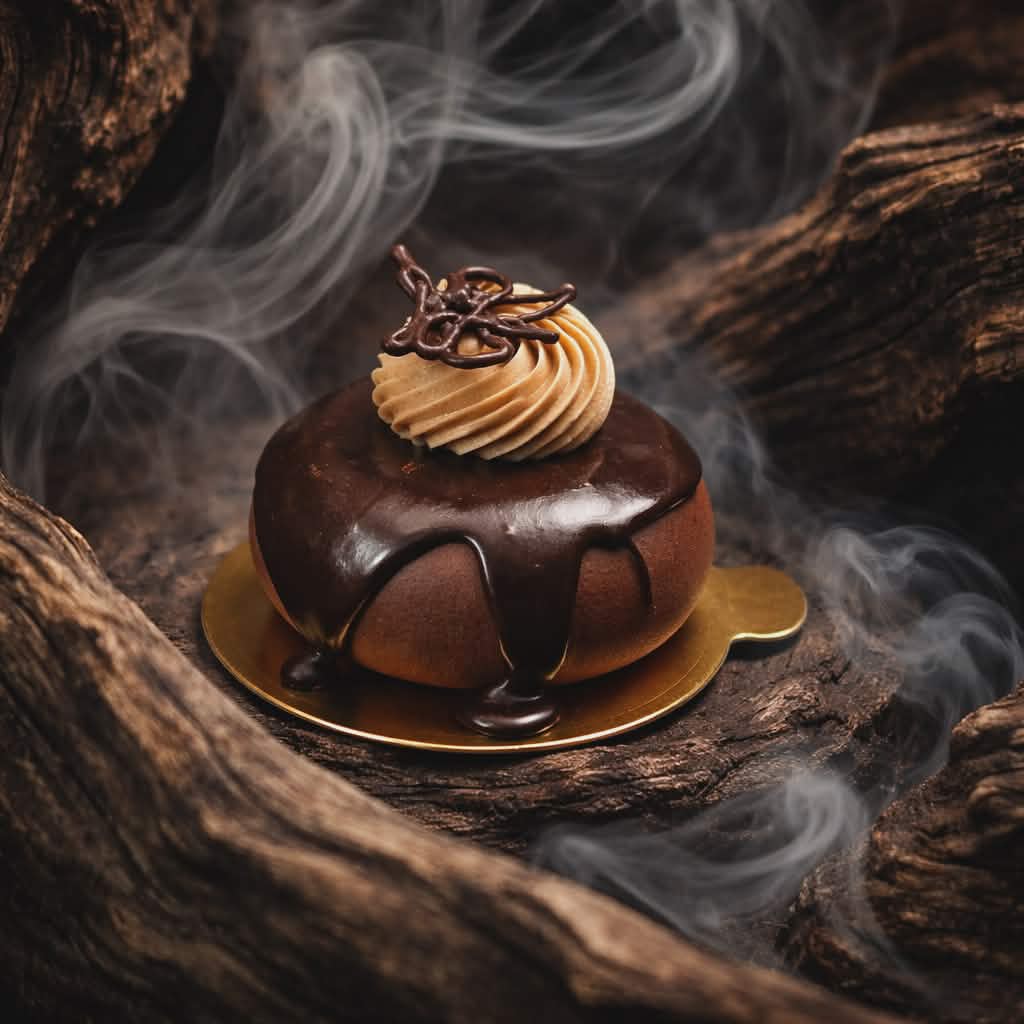 Chocolate dessert with whipped cream and chocolate shavings, surrounded by smoke and wooden logs, on a gold plate.