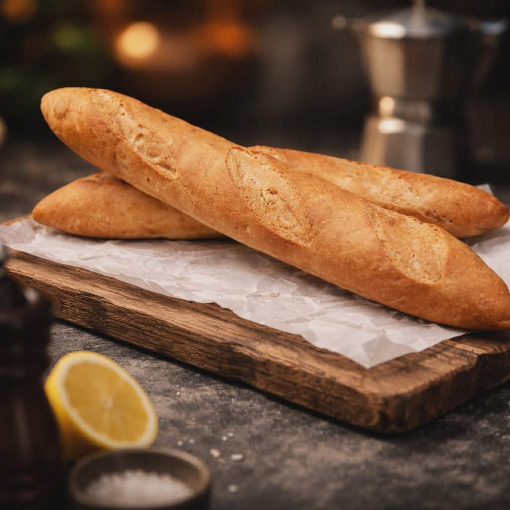 Two baguettes on a wooden board with a lemon wedge and a salt shaker nearby, in a cozy setting.