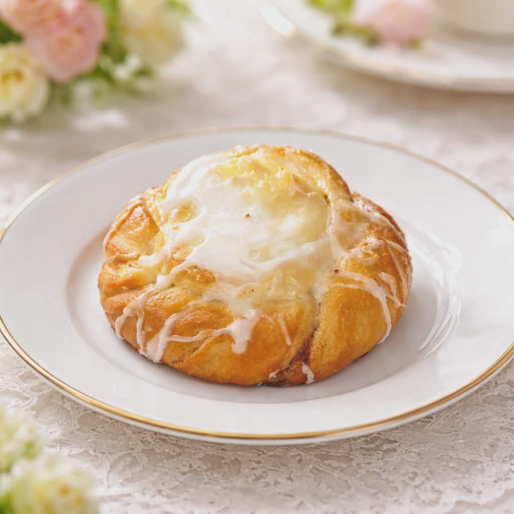 Pastry with a dollop of cream or custard on top on a white plate with a gold rim, floral background.
