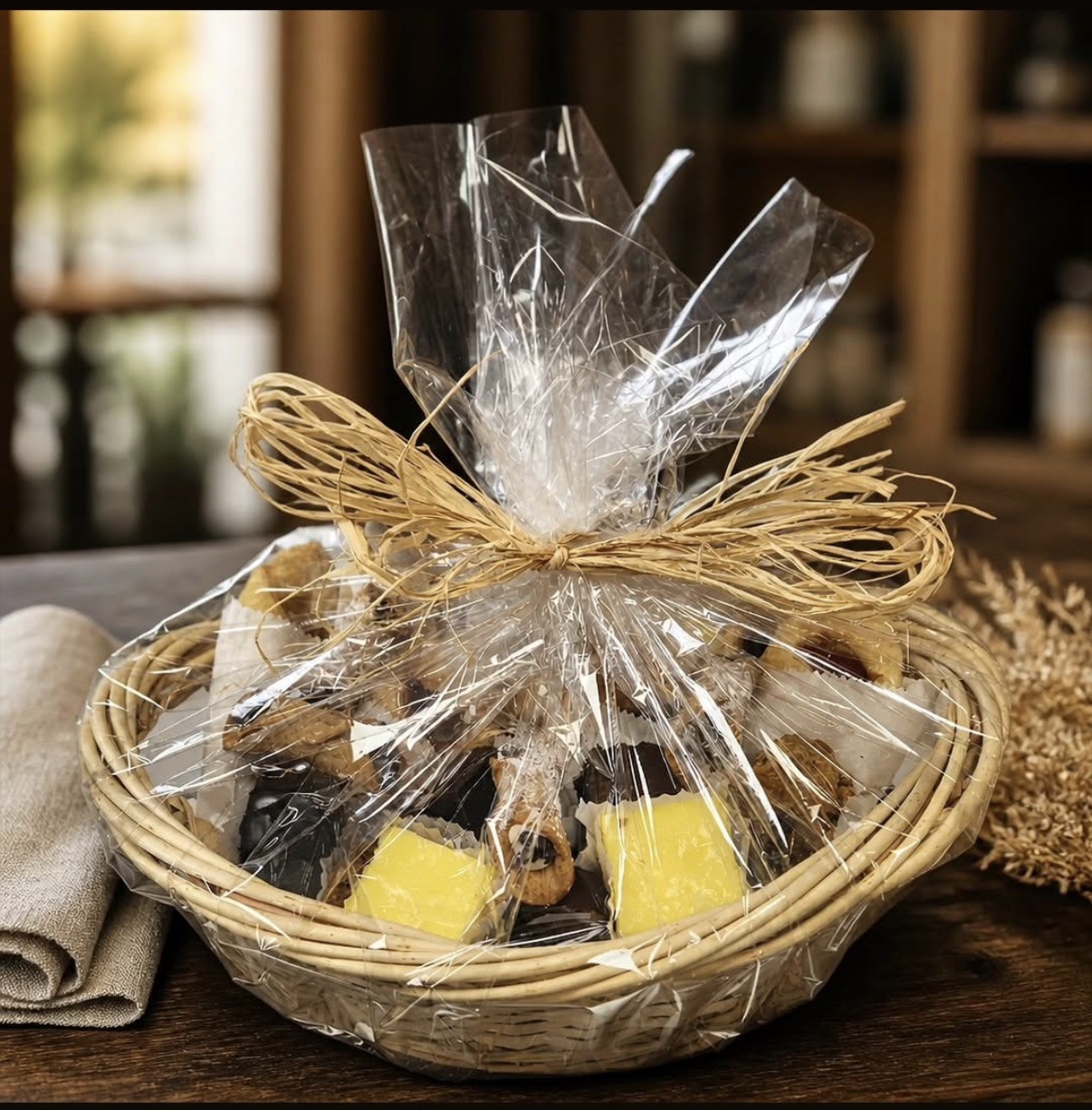 Basket with wrapped treats and yellow candies, on a wooden table with a blurred background.