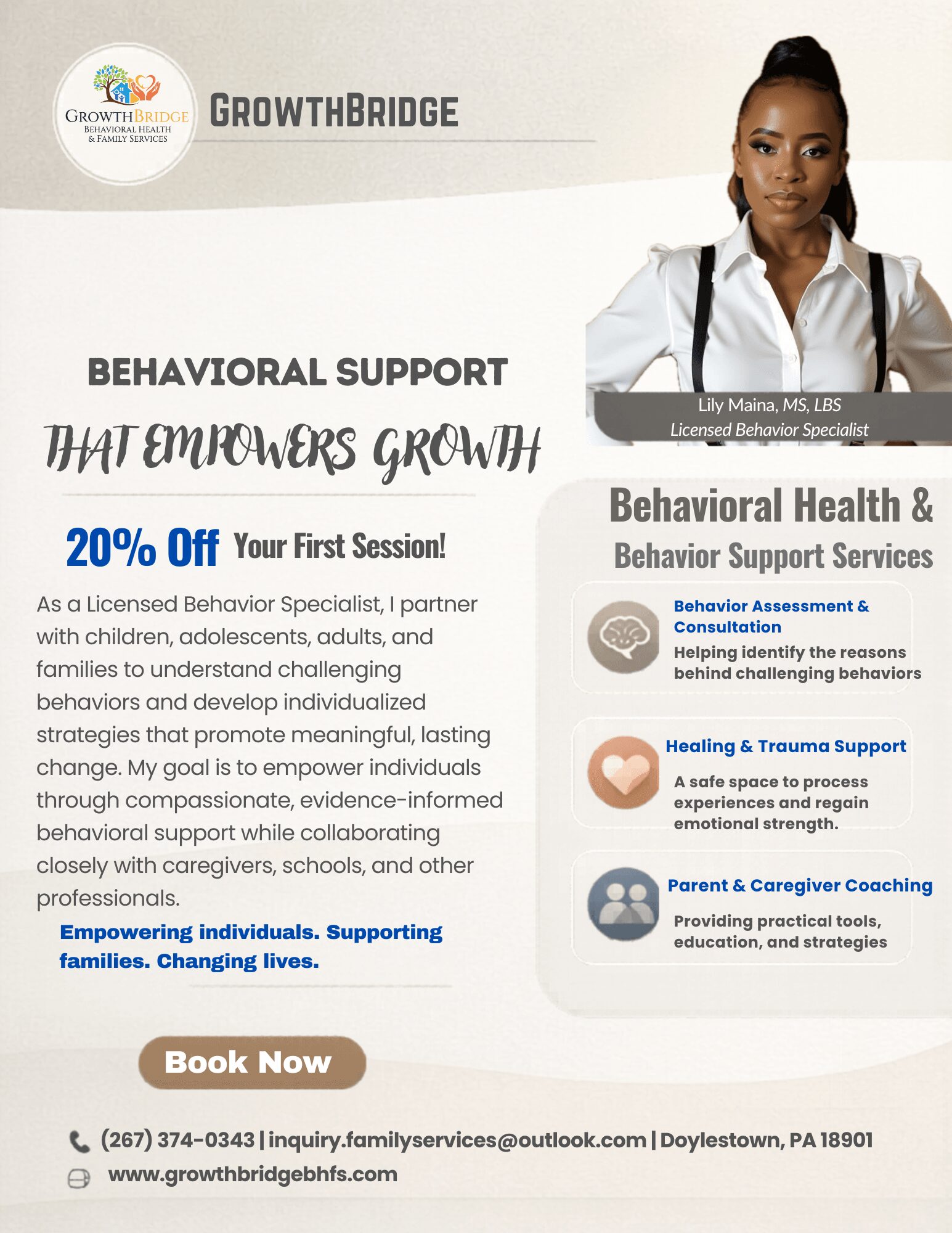 A flyer for behavioral support services featuring a woman with a ponytail, wearing a white shirt and black suspenders, smiling. Text promotes empowerment, a discount, and contact information.