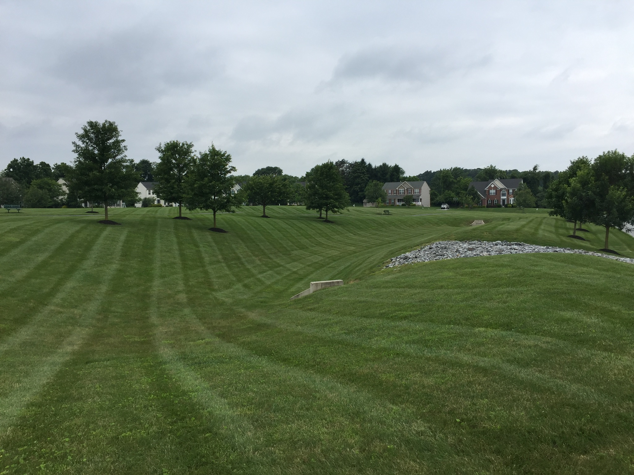 Open grassy field with trees and houses in the background under cloudy sky, showing a slight slope and a small pond.