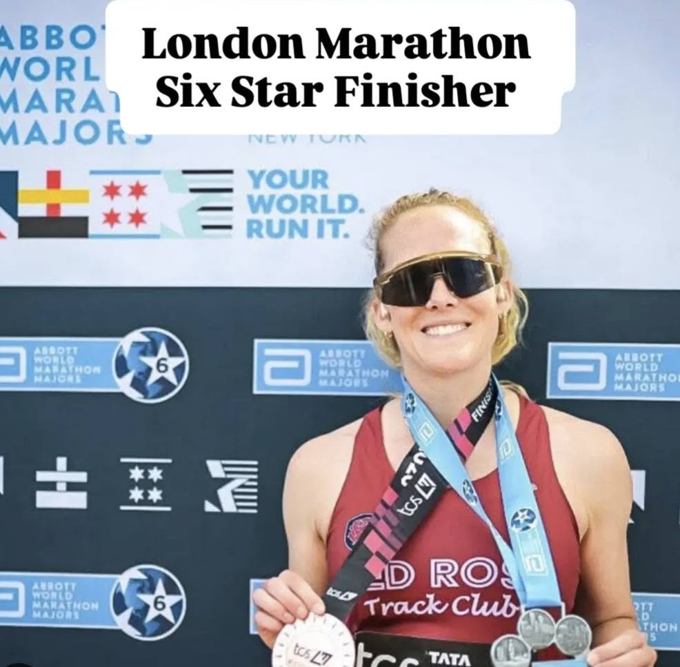 Female marathon finisher wearing sunglasses and medals, smiling at the event, with a blue background and event logos.