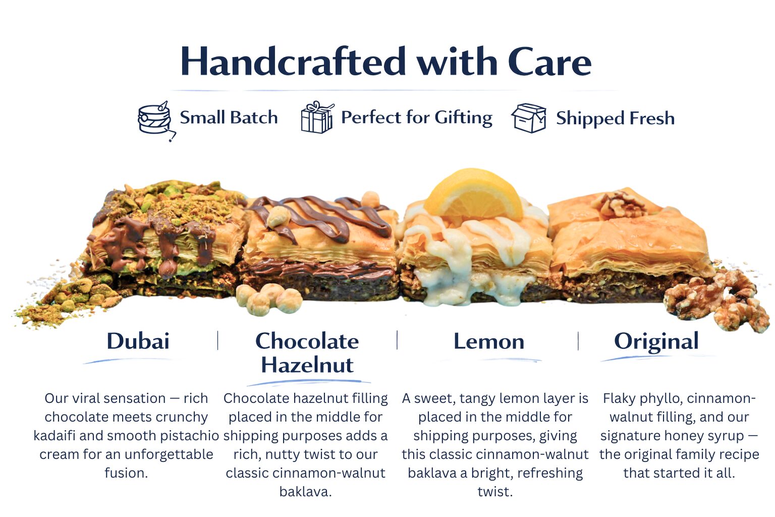 Four dessert bars labeled Dubai, Chocolate Hazelnut, Lemon, and Original, with text about handcrafted care and ingredients, and a description of each.