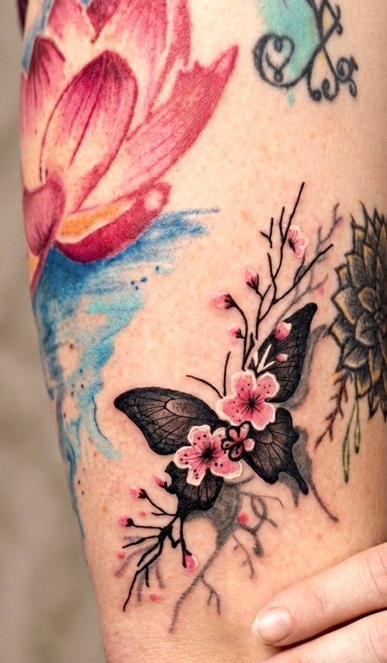 Black butterfly with pink flowers on branches, colorful background with pink, blue, and green hues, part of a tattoo.