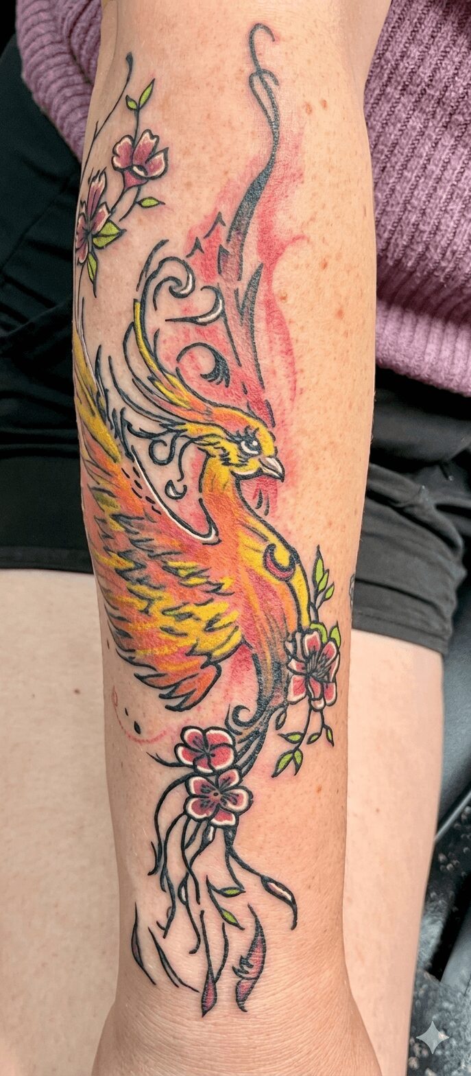 Colorful tattoo of a flamingo with flowers on a person's arm, featuring pink, yellow, and purple hues.