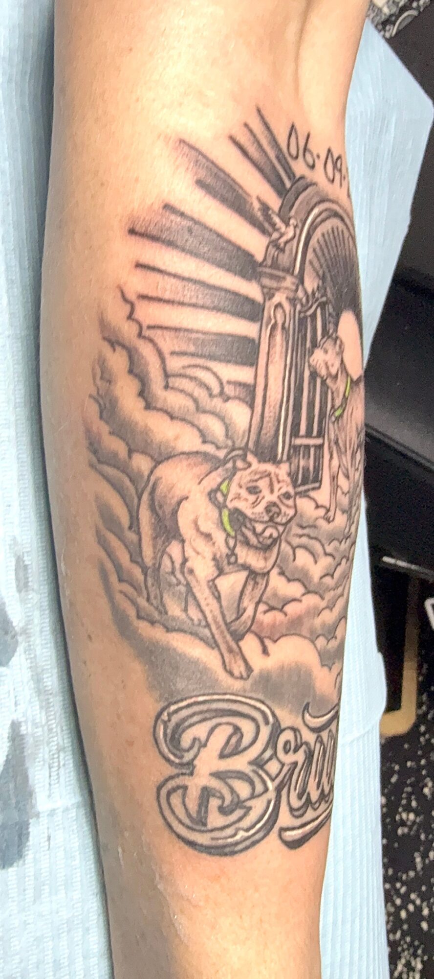 Tattoo of a lion, clouds, and a door with rays of light, with the word 'Blessed' below, on a person's arm.