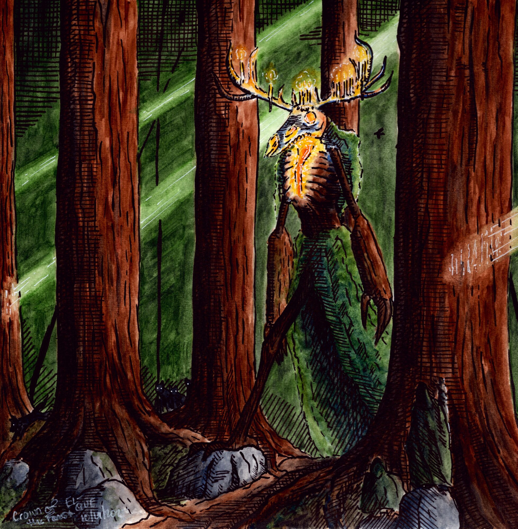 A mythical creature with antlers and a glowing head stands among tall trees in a forest, with green light filtering through the canopy.