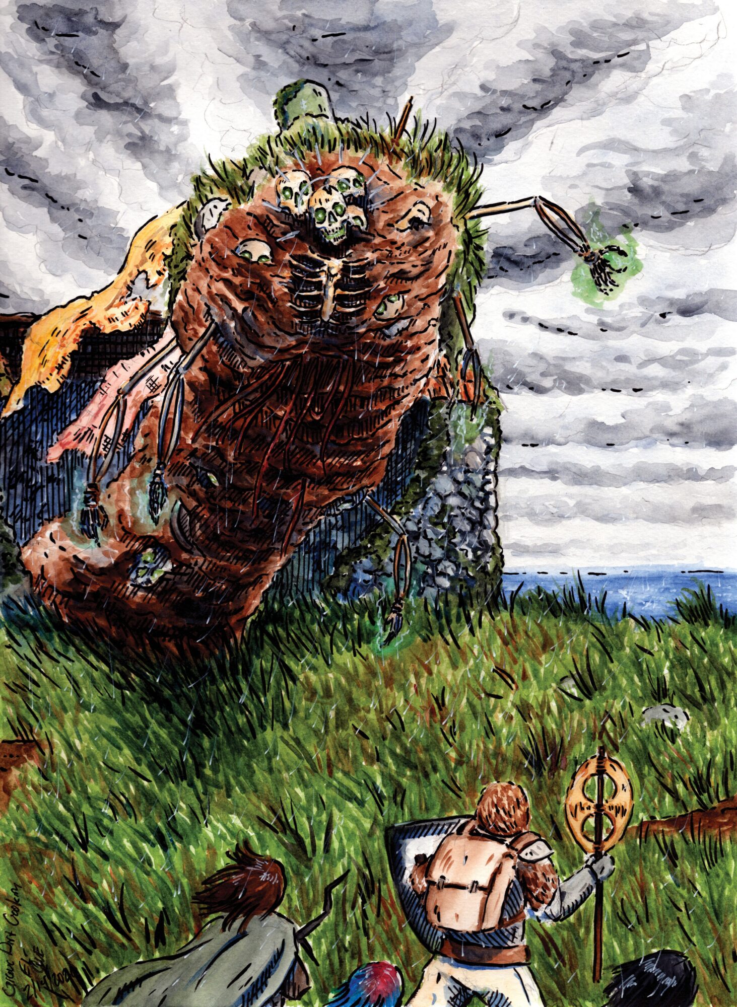 A large, fantastical creature with a skull on its head stands in a grassy field, with a person holding a staff nearby.