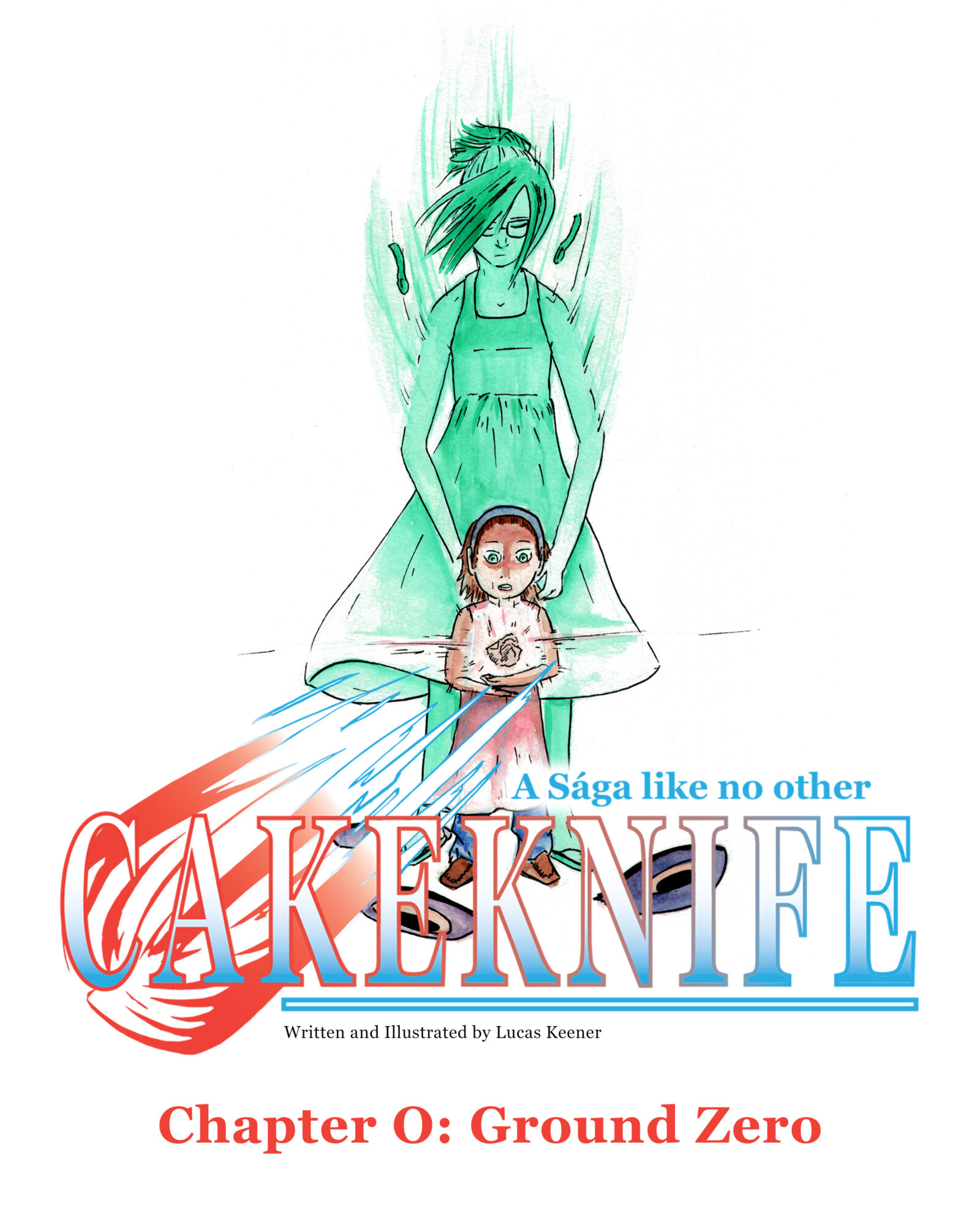 Illustration of two characters, one standing and one sitting, with text about a story chapter and title.