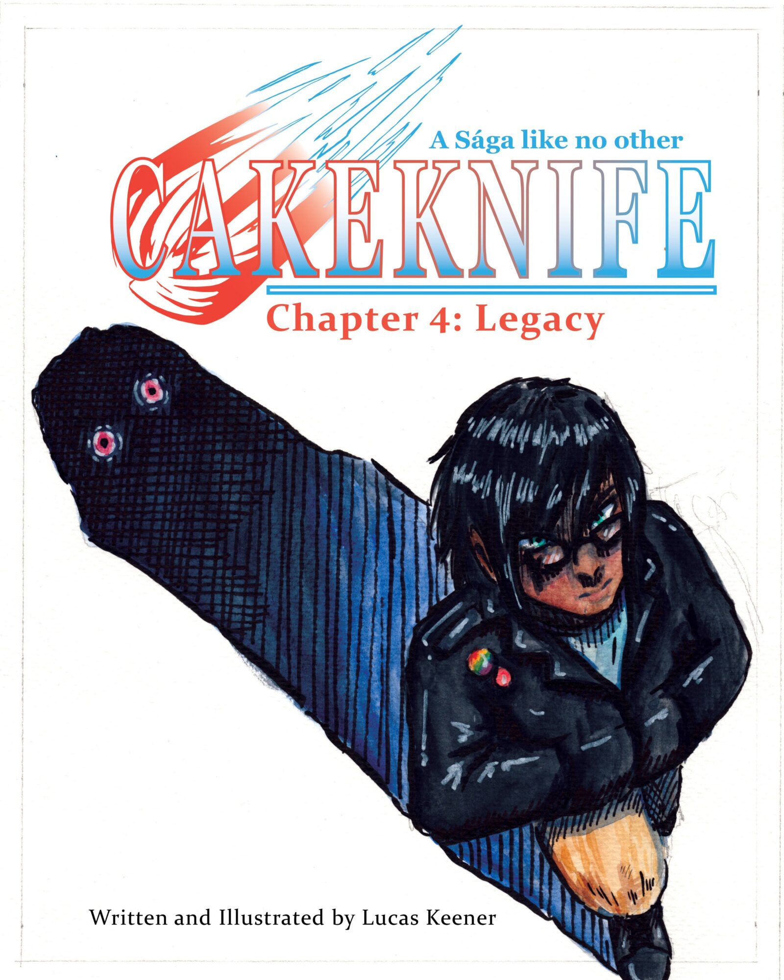 Book cover with a person in dark clothing and glasses, with text about a saga and chapter title, and a blue and red logo.