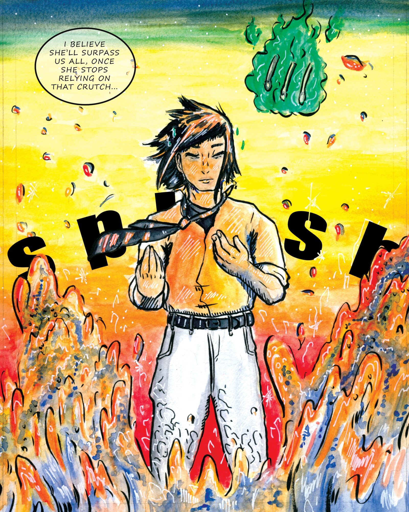 A person with spiky hair stands with arms crossed, surrounded by colorful abstract shapes and a green cloud-like object in the sky.