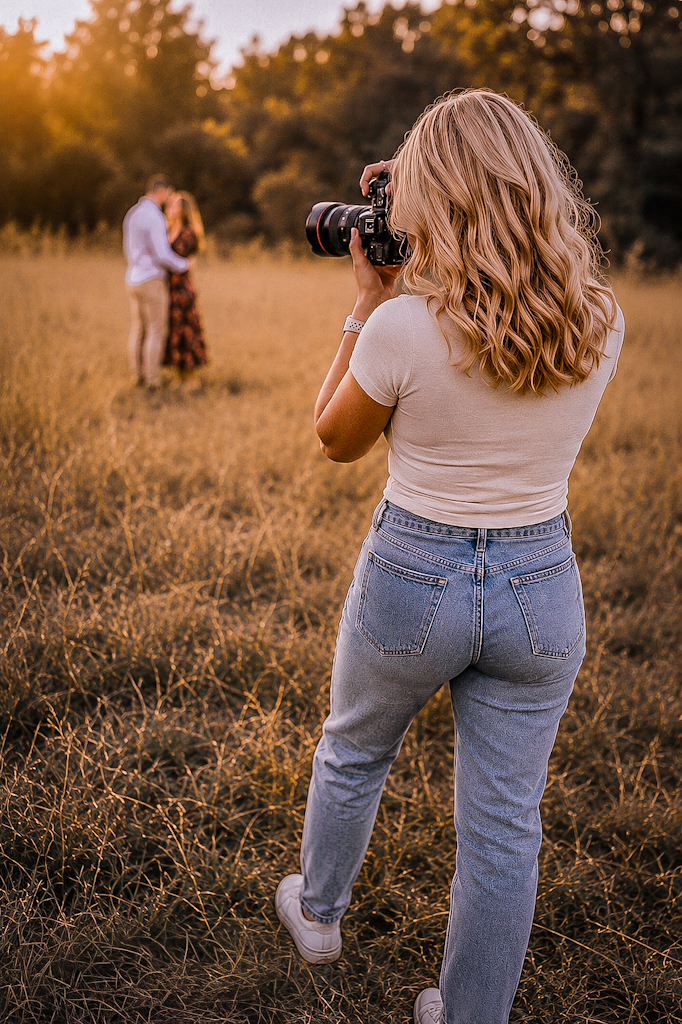 Woman with curly blonde hair taking a photo of a couple in a field during sunset.