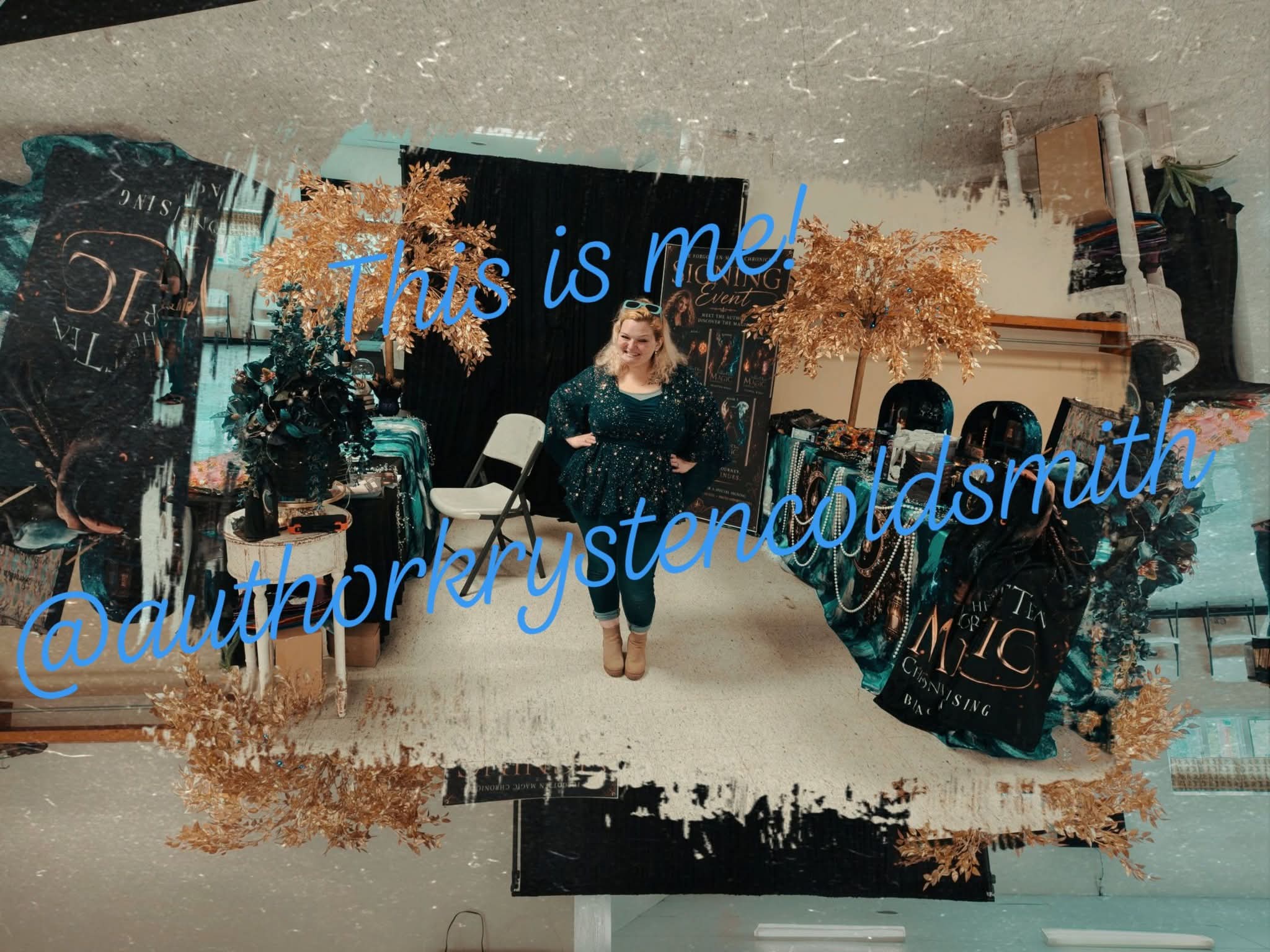 Person standing in front of a decorated backdrop with trees and balloons, with blue text overlay. Word count: 20.