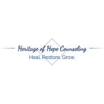 Text reads 'Heritage of Hope Counseling' with the tagline 'Heal. Restore. Grow.' in blue cursive font.