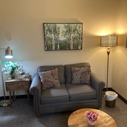 Living room with a gray sofa, two patterned pillows, a wooden side table with a lamp and plants, a framed picture, and a floor lamp. A small round table with pink flowers is in front.