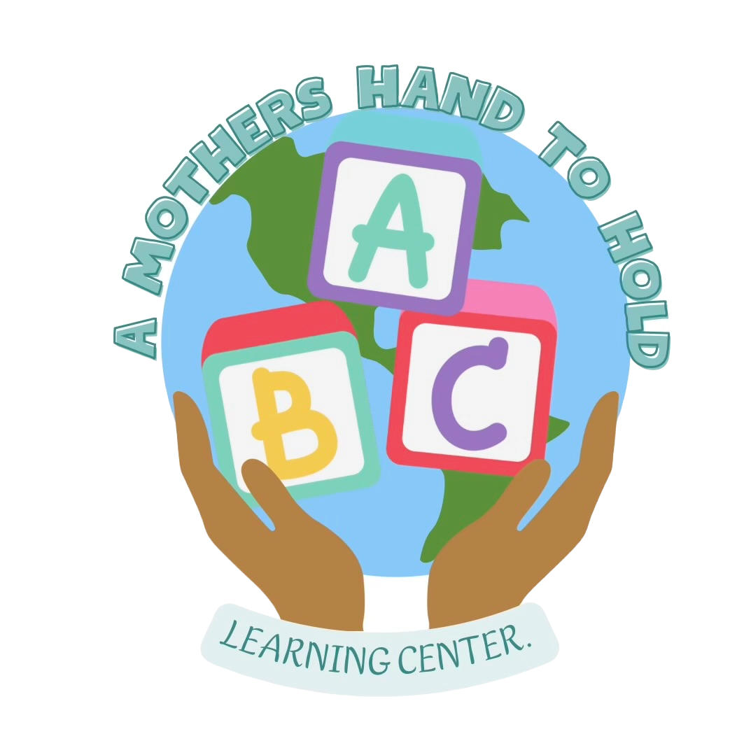 Hands hold a globe with ABC blocks and text 'A Mother's Hand to Hold' and 'Learning Center'.