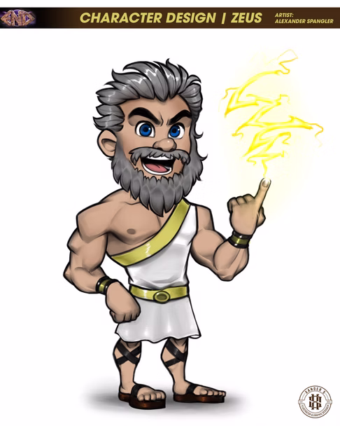 Cartoon character of Zeus with gray hair and beard, wearing a white toga, holding yellow lightning, smiling, standing barefoot.